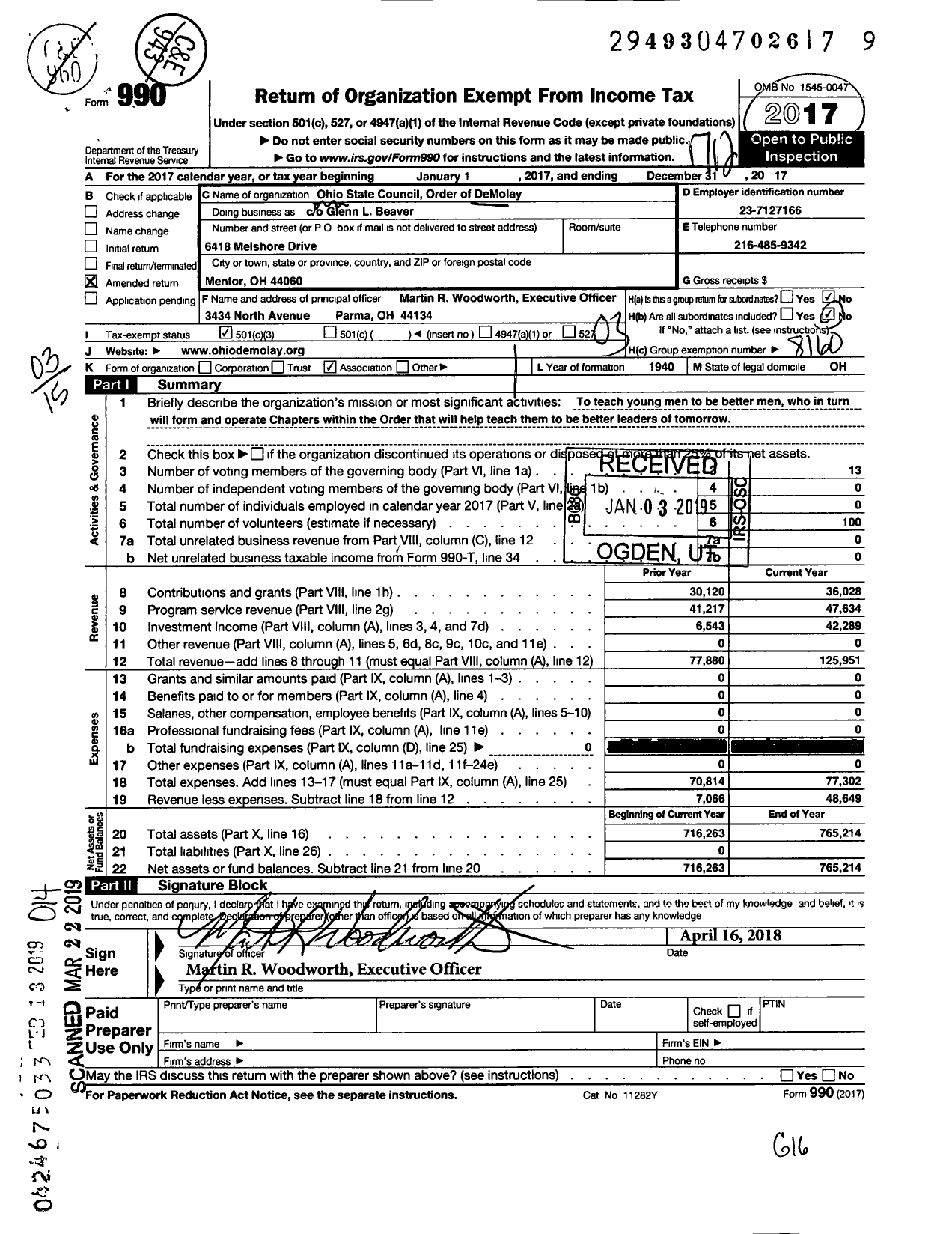 Image of first page of 2017 Form 990 for DeMolay International - 36999 Ohio at Large DeMolay