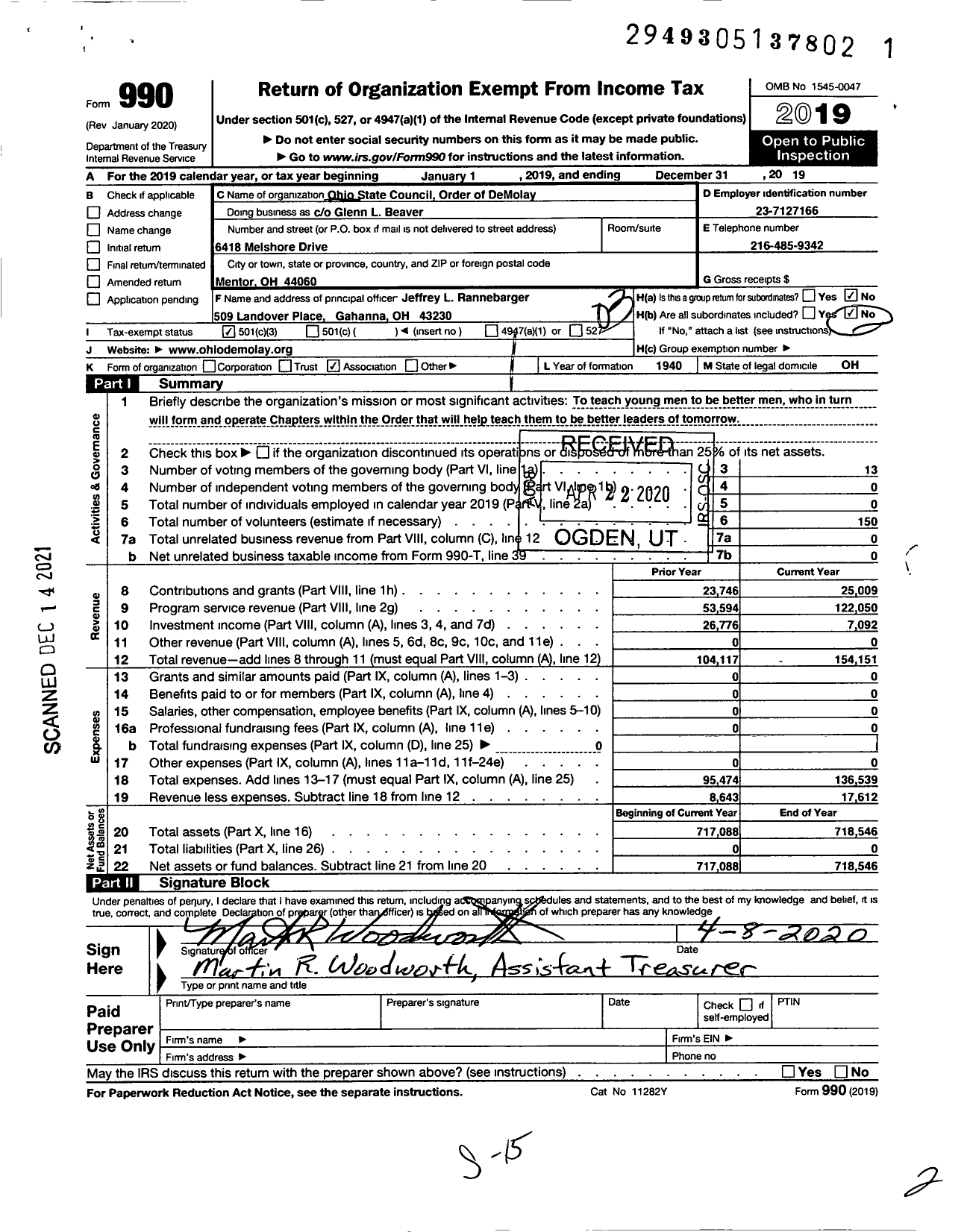 Image of first page of 2019 Form 990 for DeMolay International - 36999 Ohio at Large DeMolay