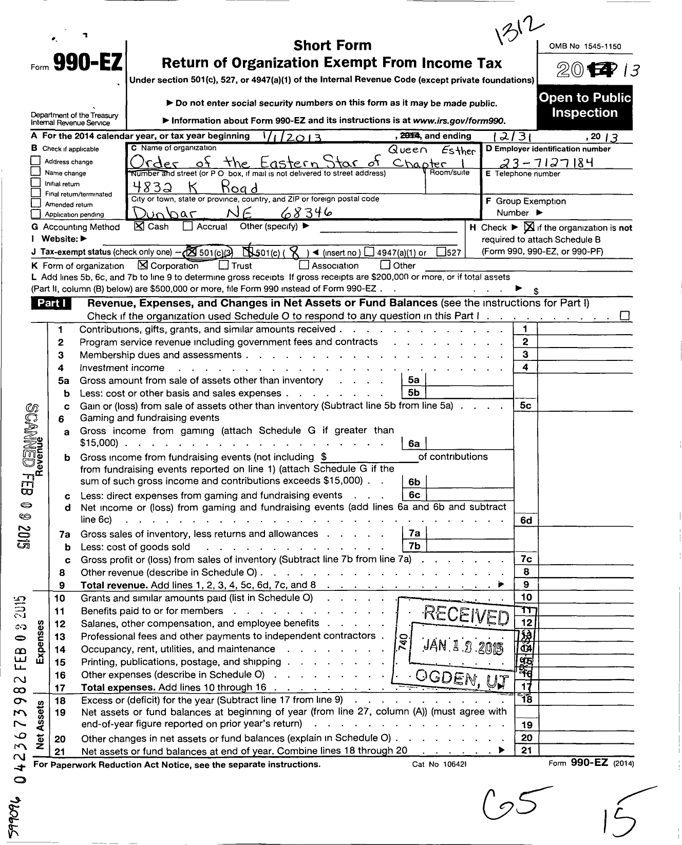 Image of first page of 2013 Form 990EO for Order of the Eastern Star of Nebraska - 0001 Queen Esther Chapter