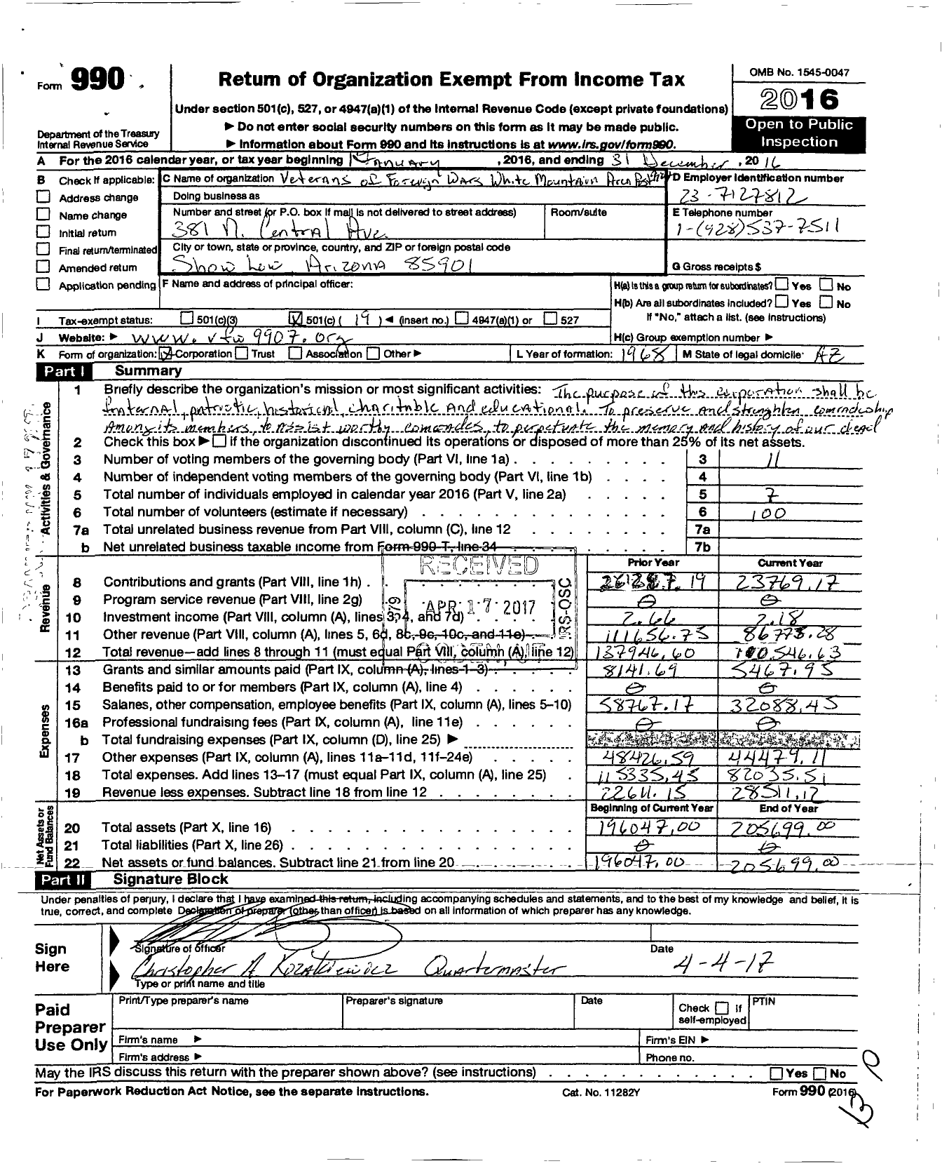 Image of first page of 2016 Form 990O for Veterans of Foreign Wars of Arizona - 9907 White Mountain Area Post