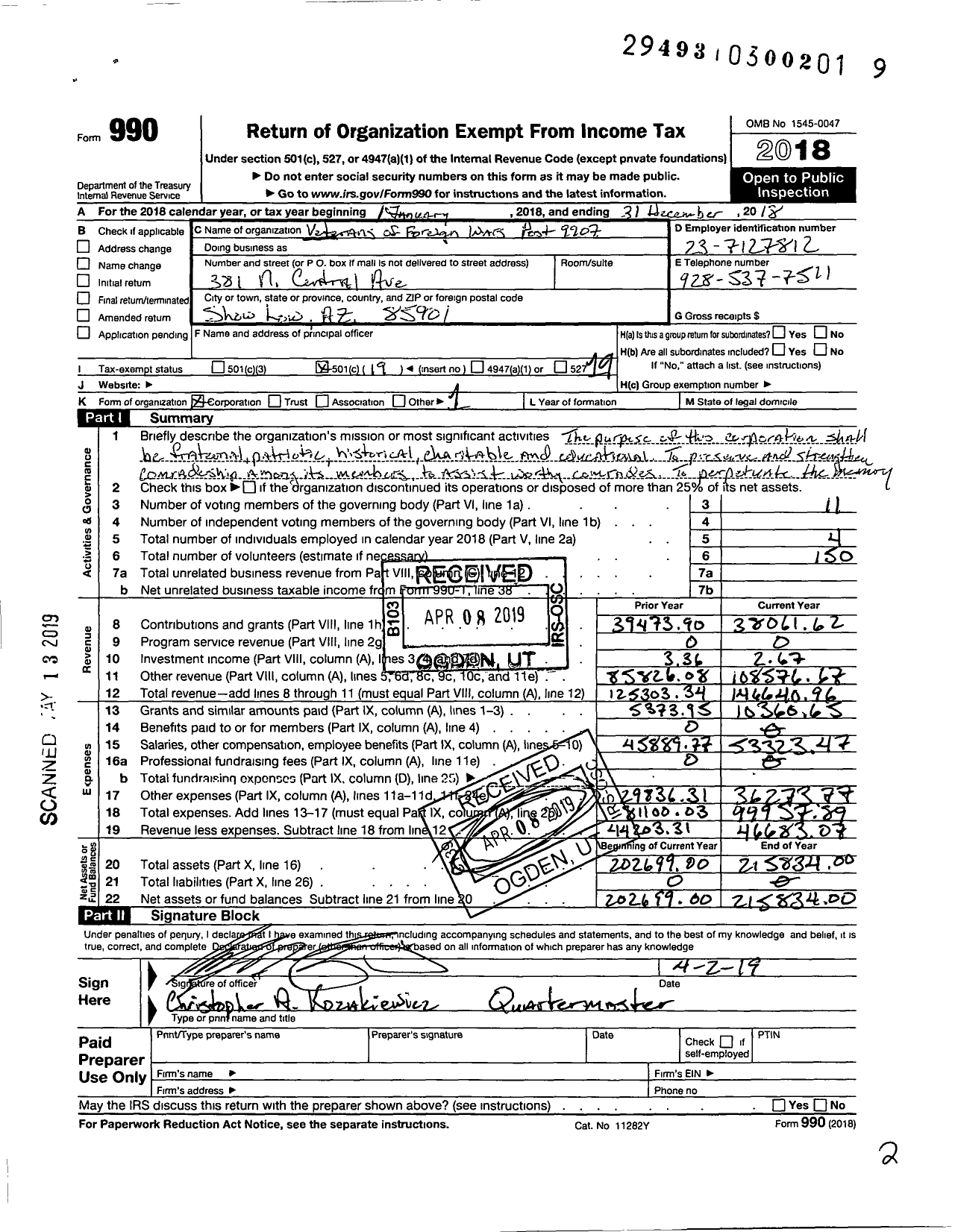 Image of first page of 2018 Form 990O for Veterans of Foreign Wars of Arizona - 9907 White Mountain Area Post