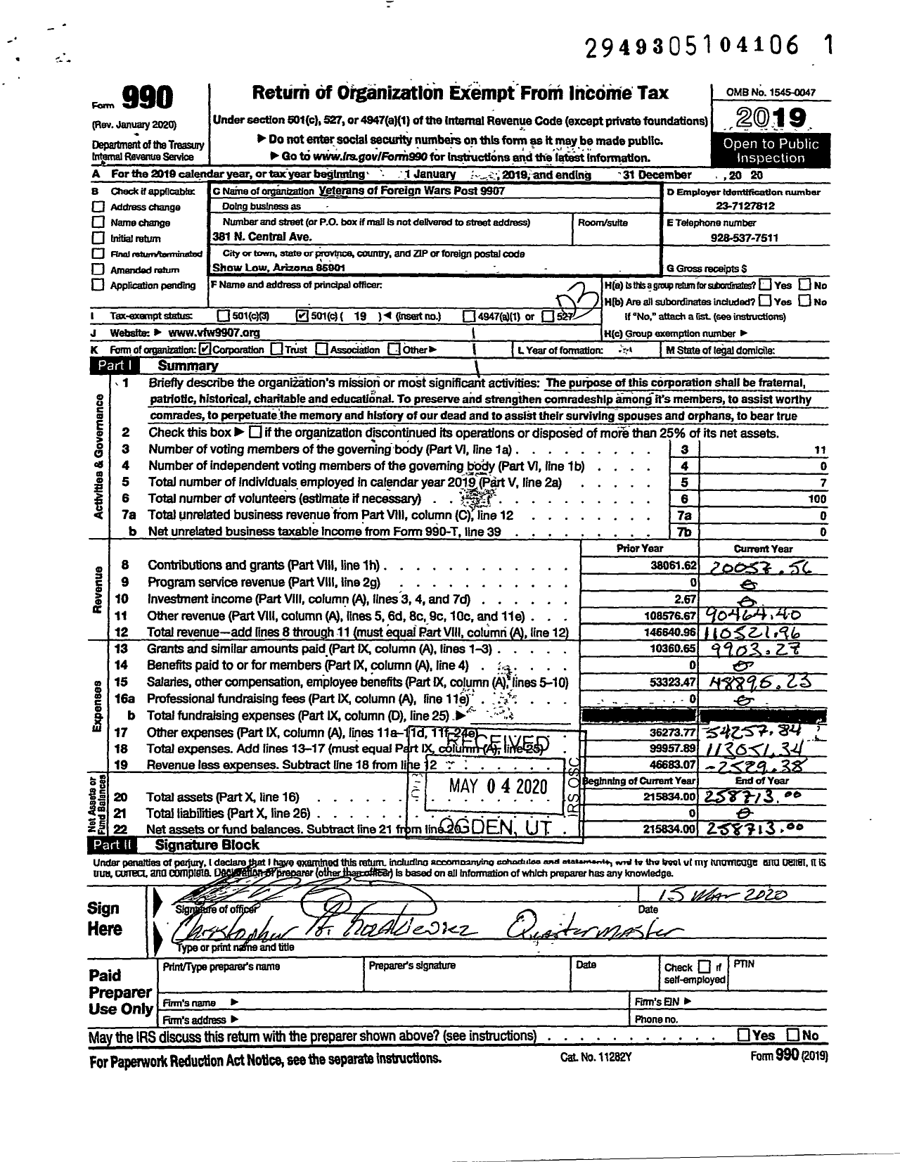 Image of first page of 2019 Form 990 for Veterans of Foreign Wars of Arizona - 9907 White Mountain Area Post