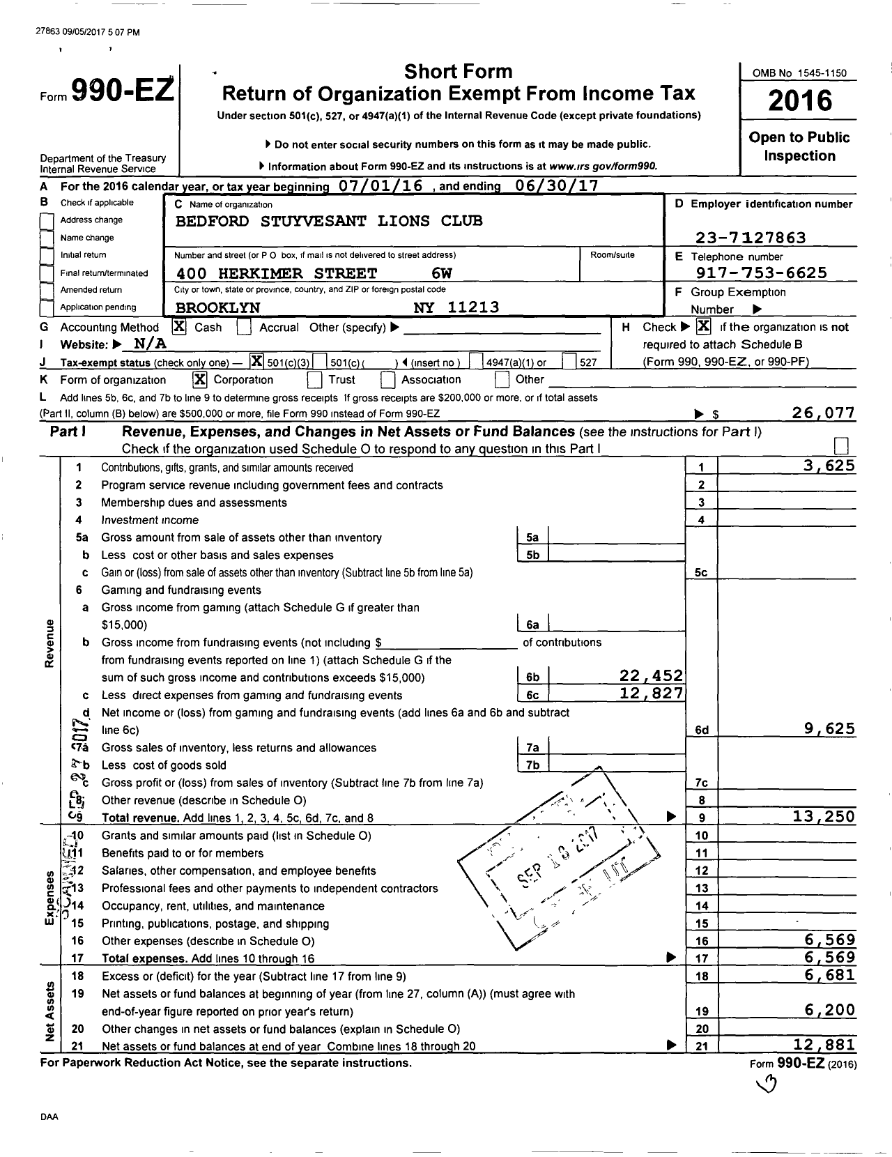 Image of first page of 2016 Form 990EZ for Lions Clubs - 8446 Brooklyn Bedford Stuyvesent Ny