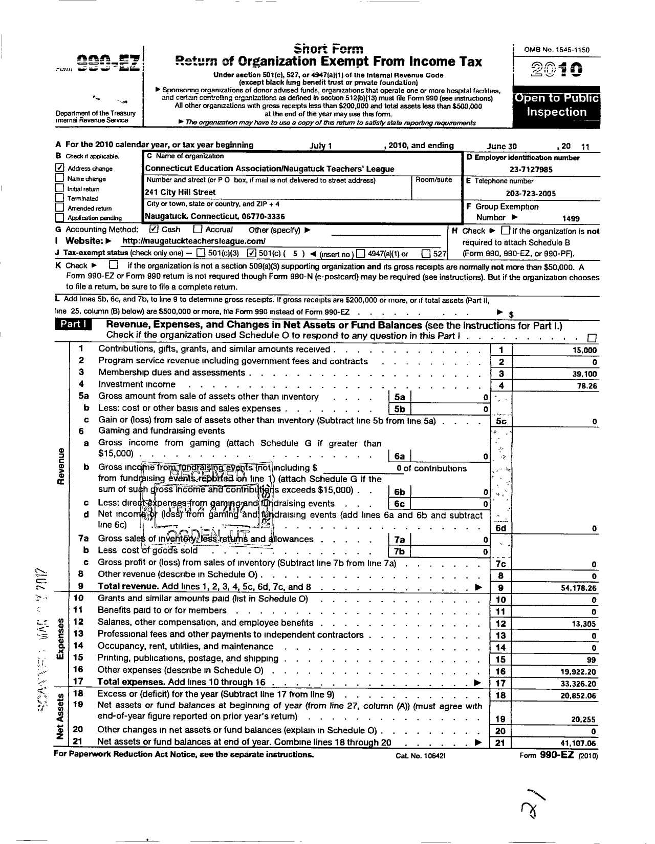 Image of first page of 2010 Form 990EO for Connecticut Education Association - Naugatuck