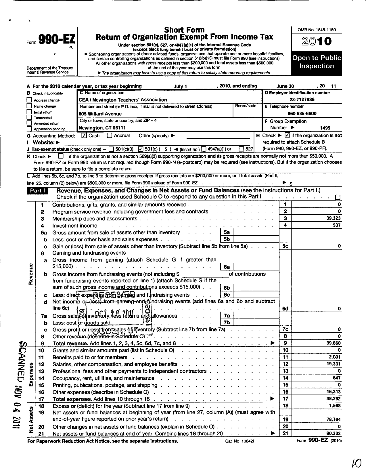 Image of first page of 2010 Form 990EO for Connecticut Education Association - Newington