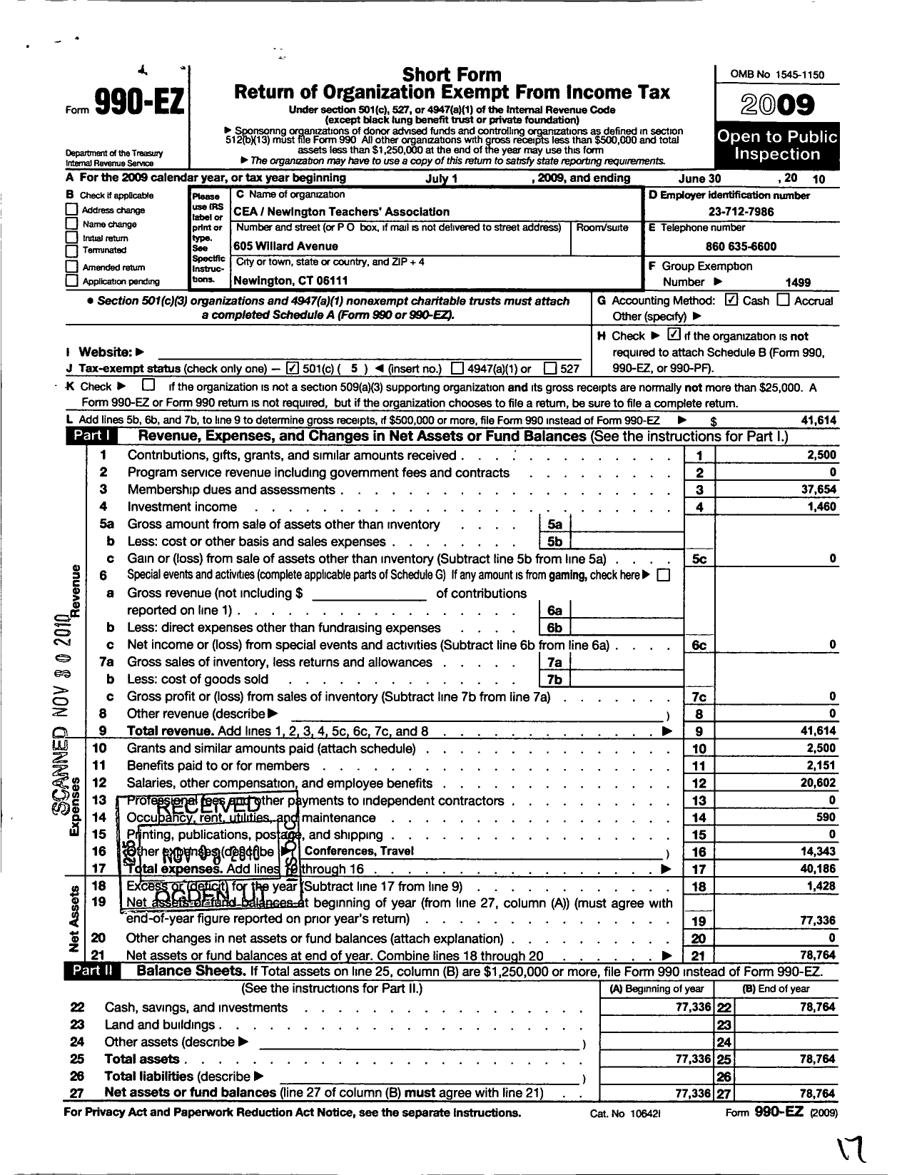 Image of first page of 2009 Form 990EO for Connecticut Education Association - Newington