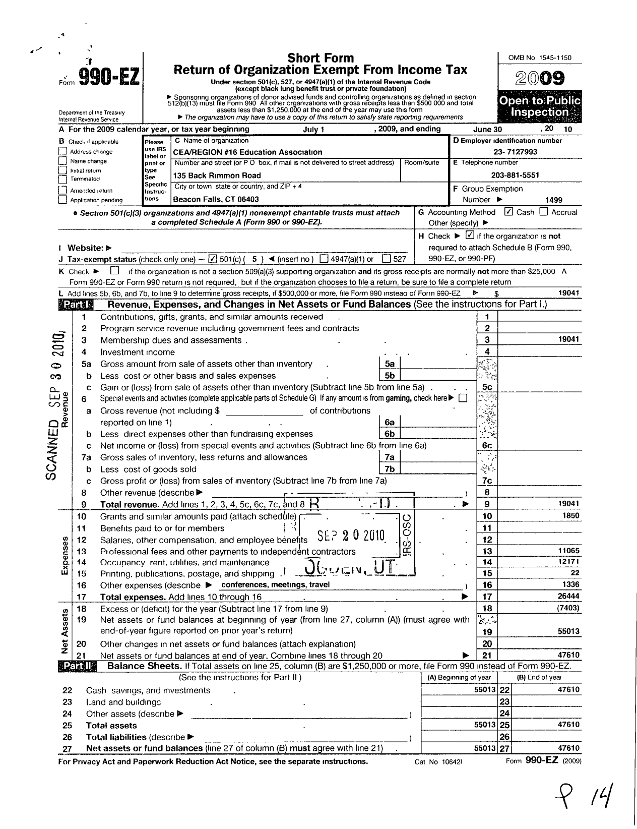 Image of first page of 2009 Form 990EO for Connecticut Education Association - 16 Region