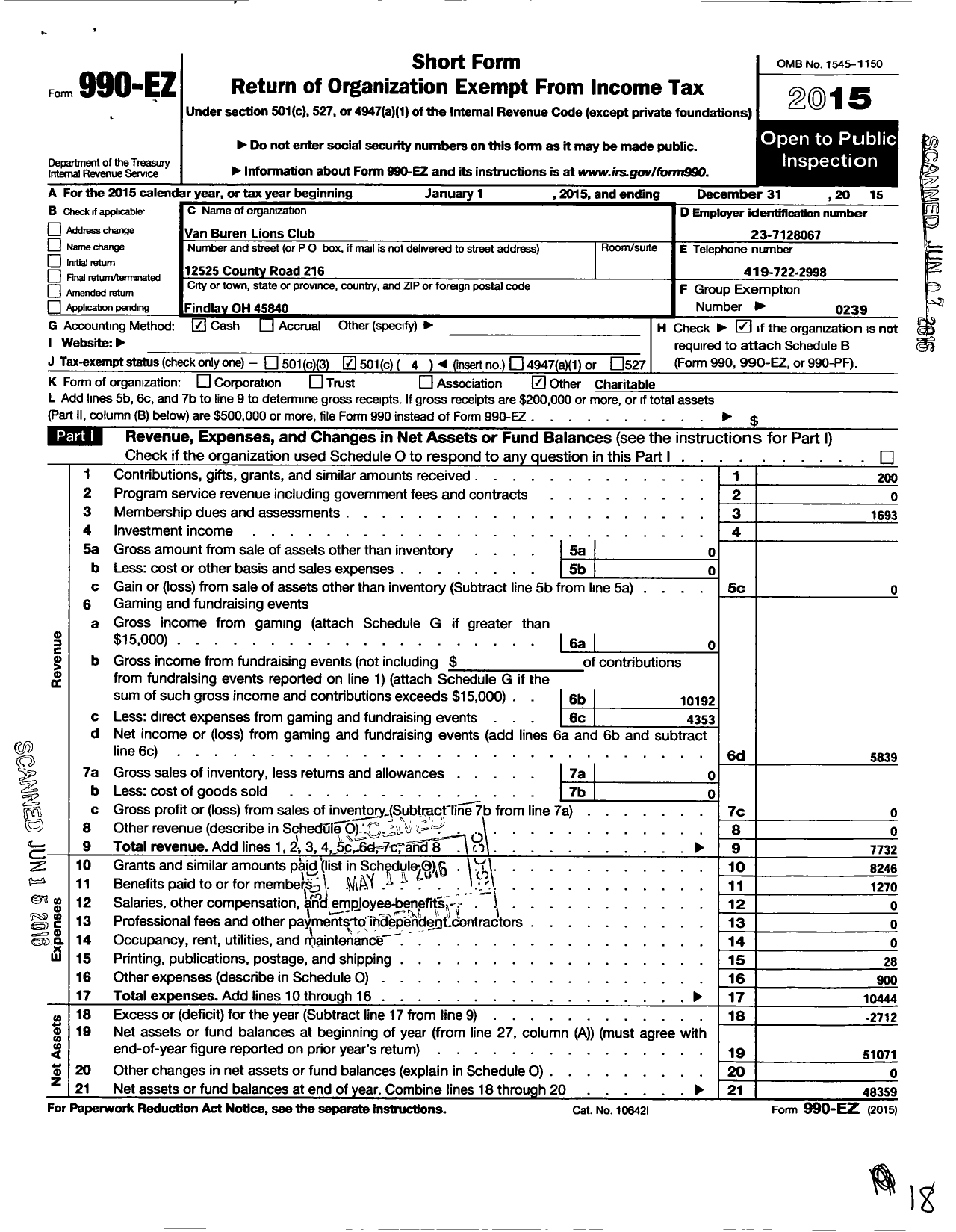 Image of first page of 2015 Form 990EO for Lions Clubs - 5179 Van Buren