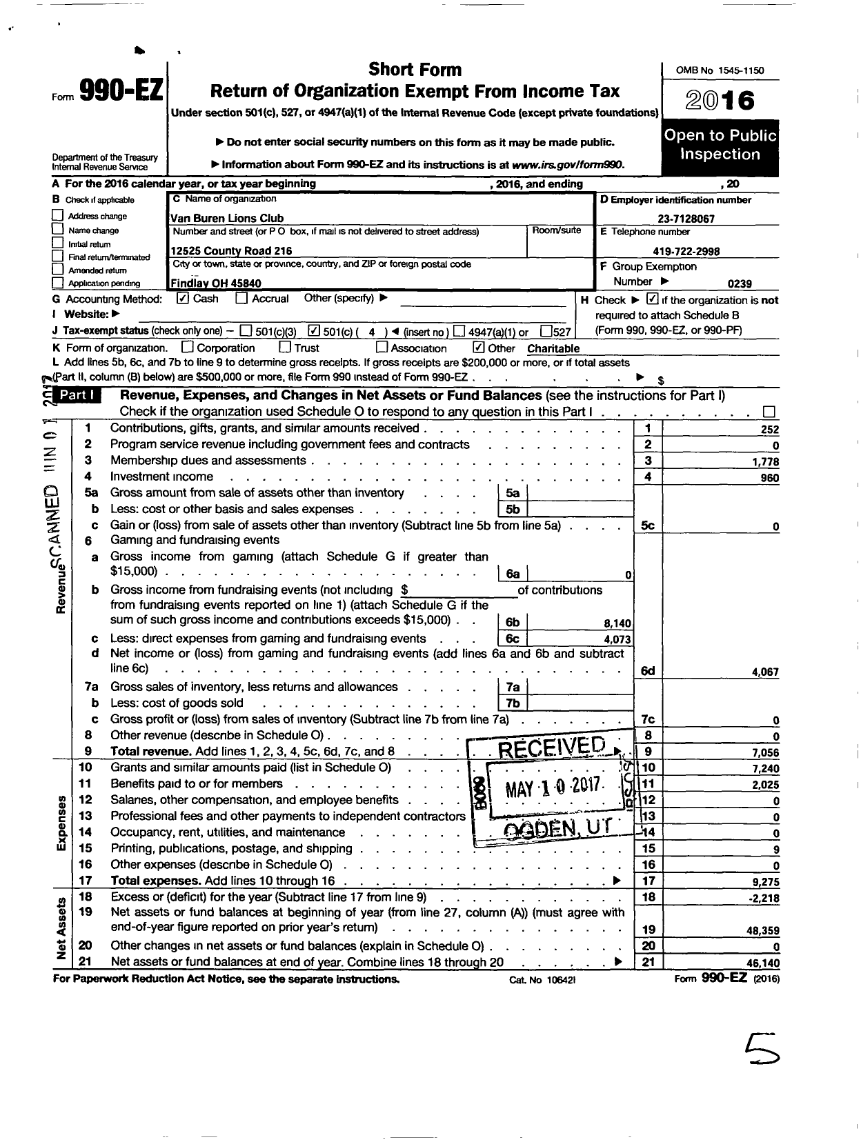 Image of first page of 2016 Form 990EO for Lions Clubs - 5179 Van Buren