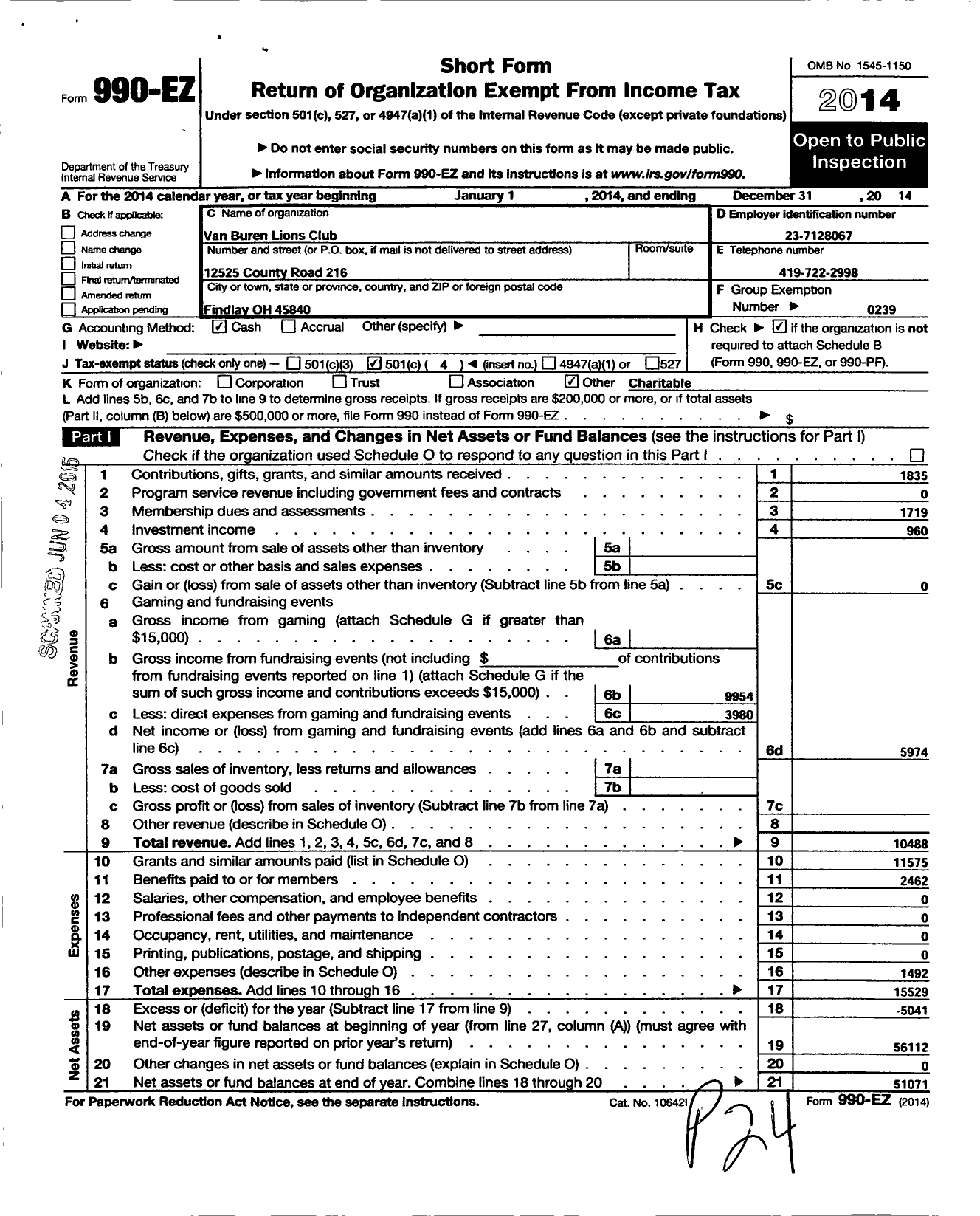 Image of first page of 2014 Form 990EO for Lions Clubs - 5179 Van Buren