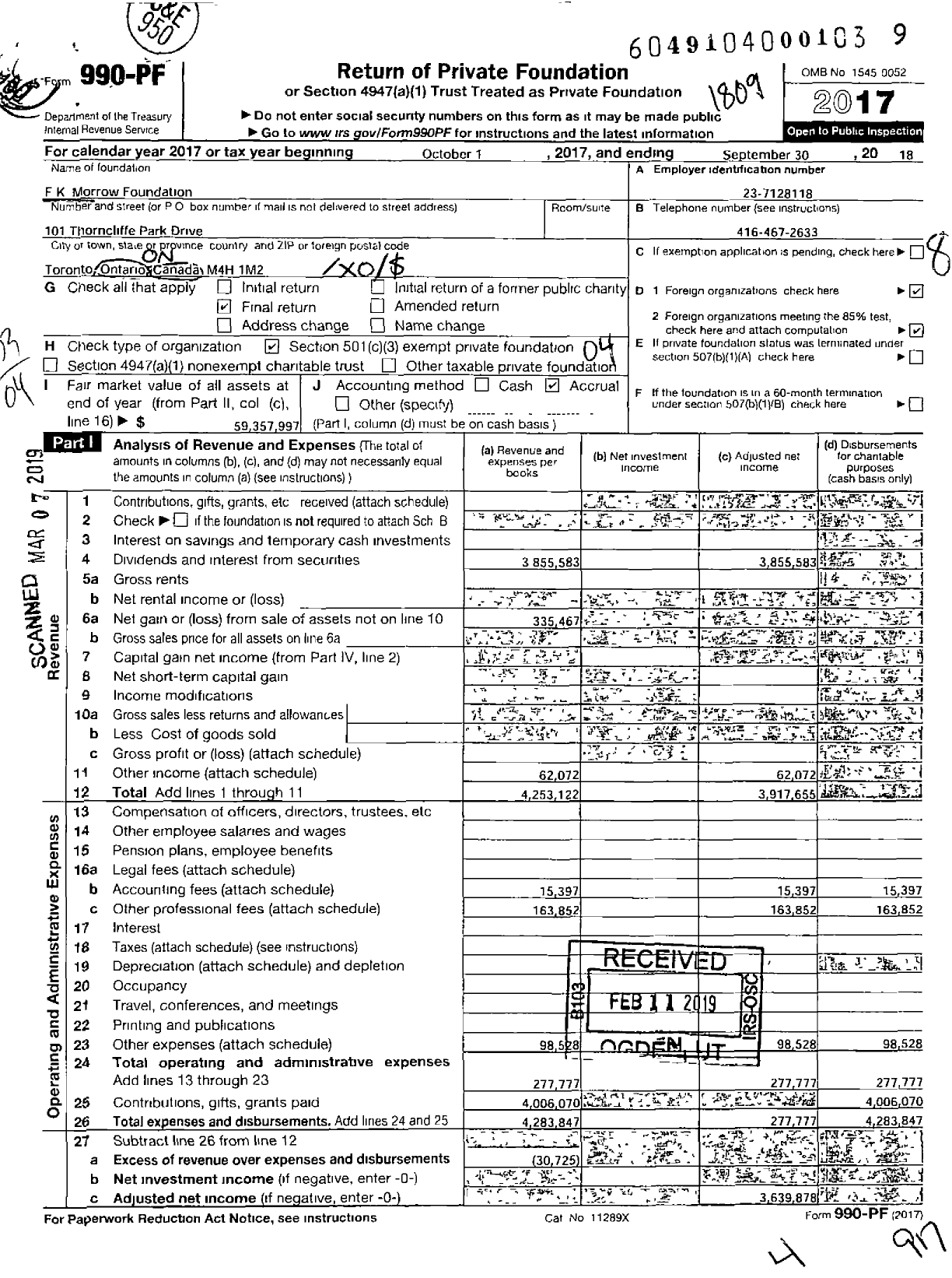 Image of first page of 2017 Form 990PF for FK Morrow Foundation