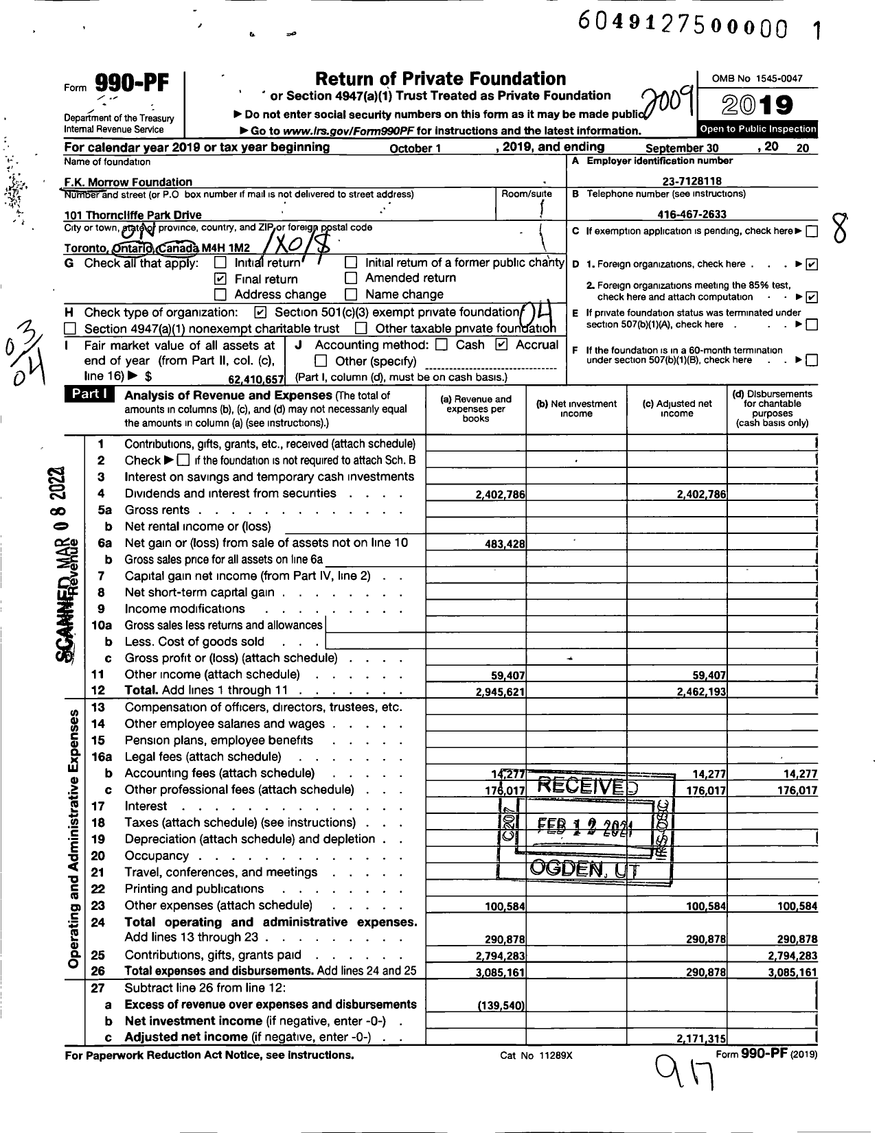Image of first page of 2019 Form 990PF for FK Morrow Foundation
