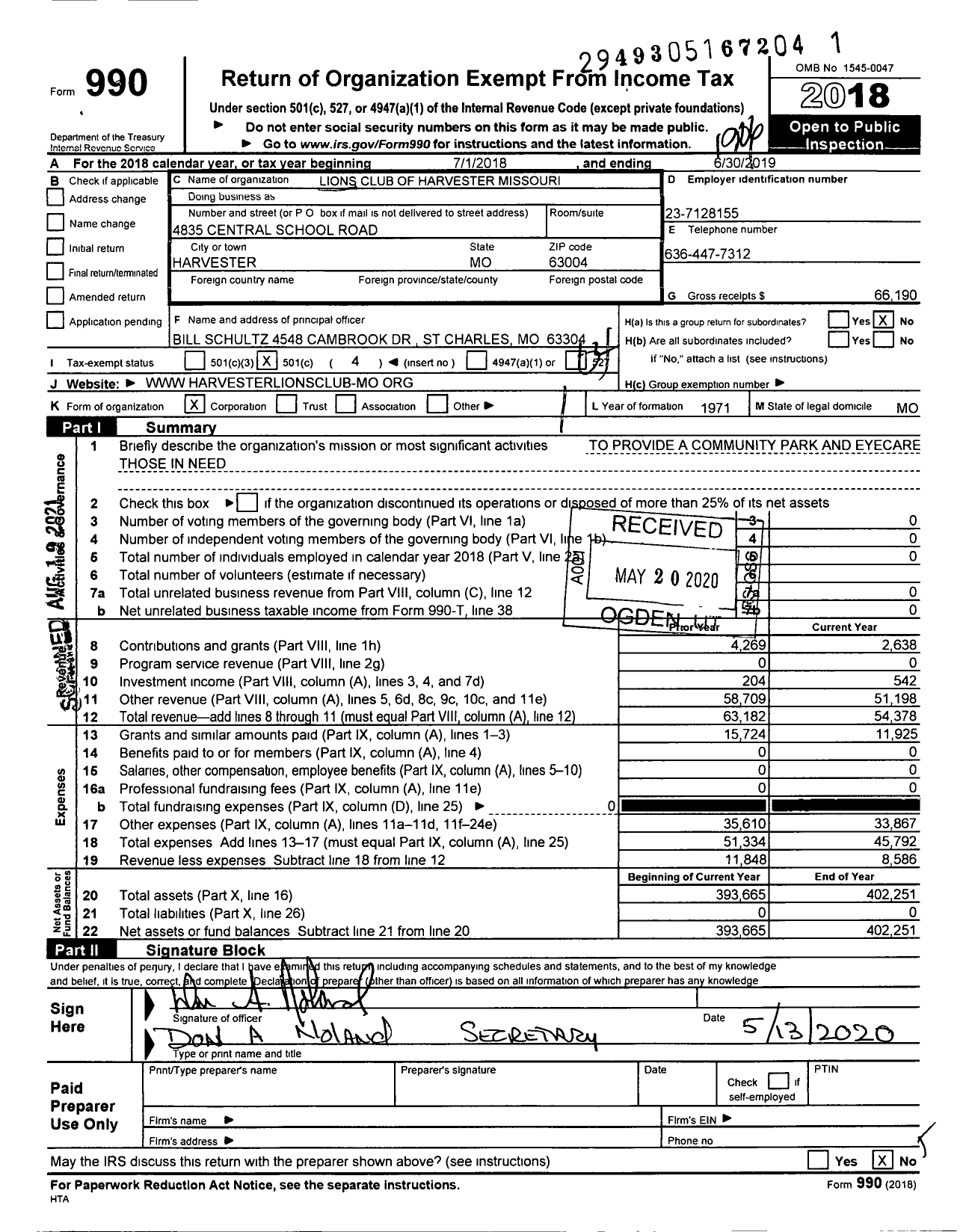 Image of first page of 2018 Form 990O for Lions Clubs - 9870 Harvester