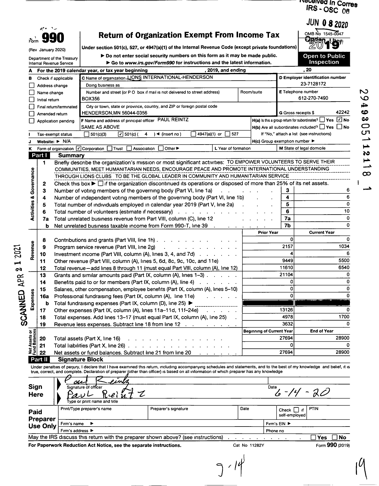 Image of first page of 2019 Form 990O for Lions Clubs - Henderson Lions Club