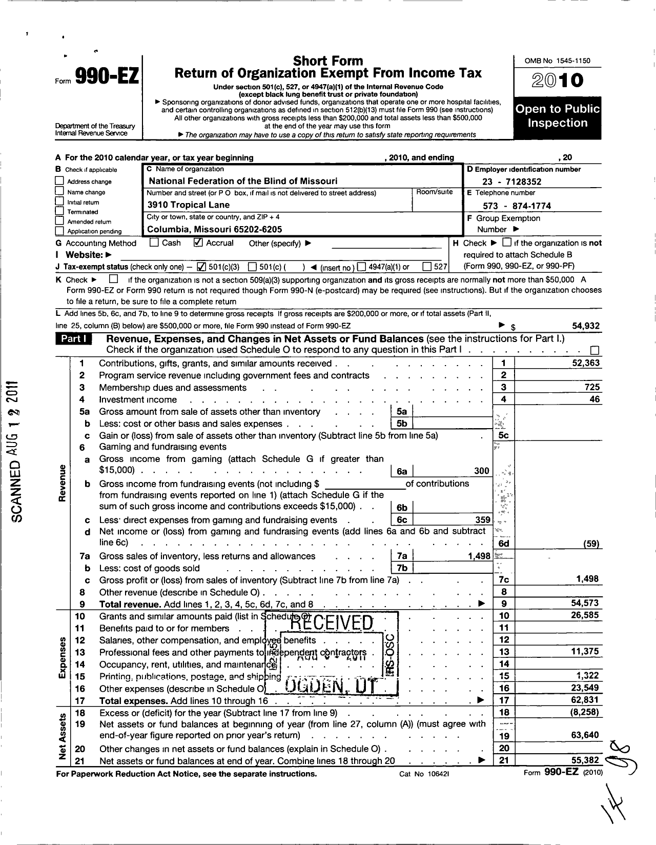 Image of first page of 2010 Form 990EZ for National Federation of the Blind of Missouri