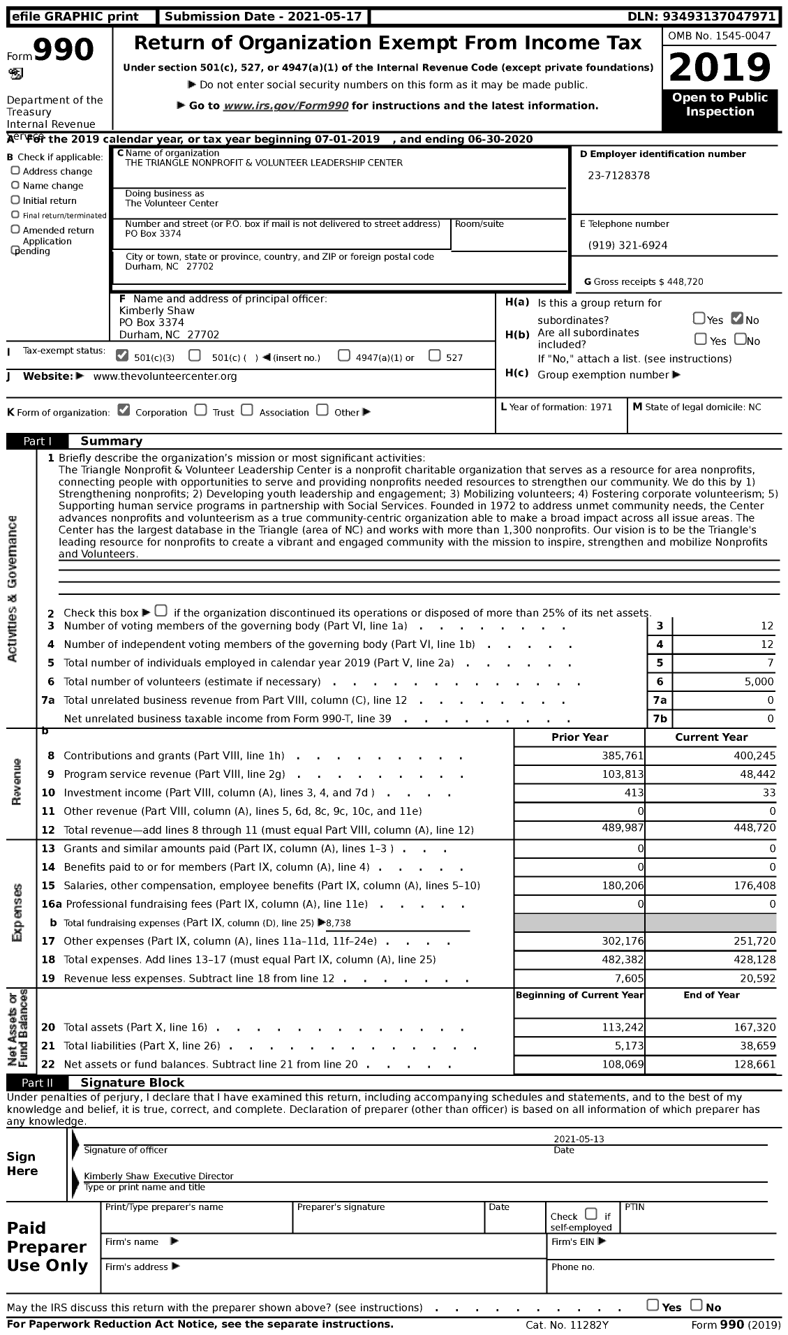 Image of first page of 2019 Form 990 for The Volunteer Center / The Triangle Nonprofit & Volunteer Leadership Center