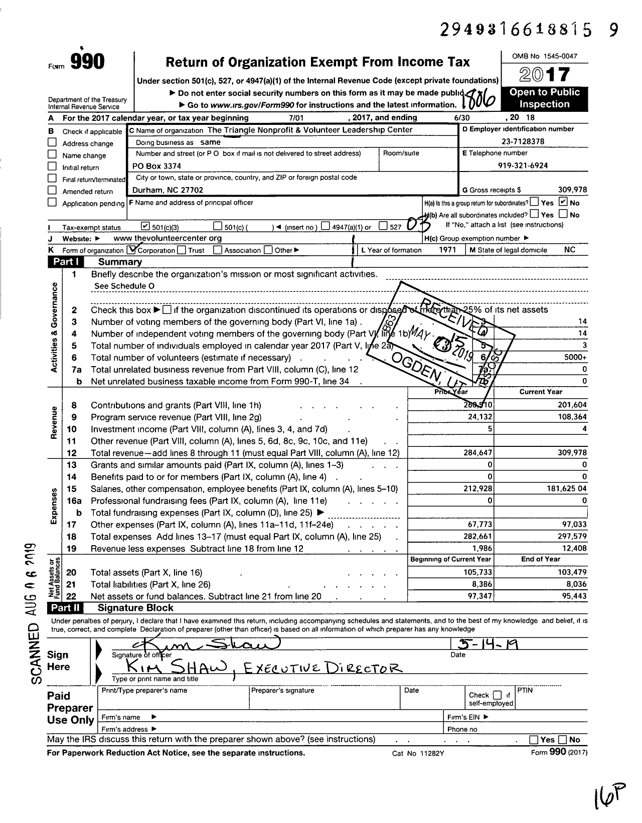 Image of first page of 2017 Form 990 for The Volunteer Center / The Triangle Nonprofit & Volunteer Leadership Center