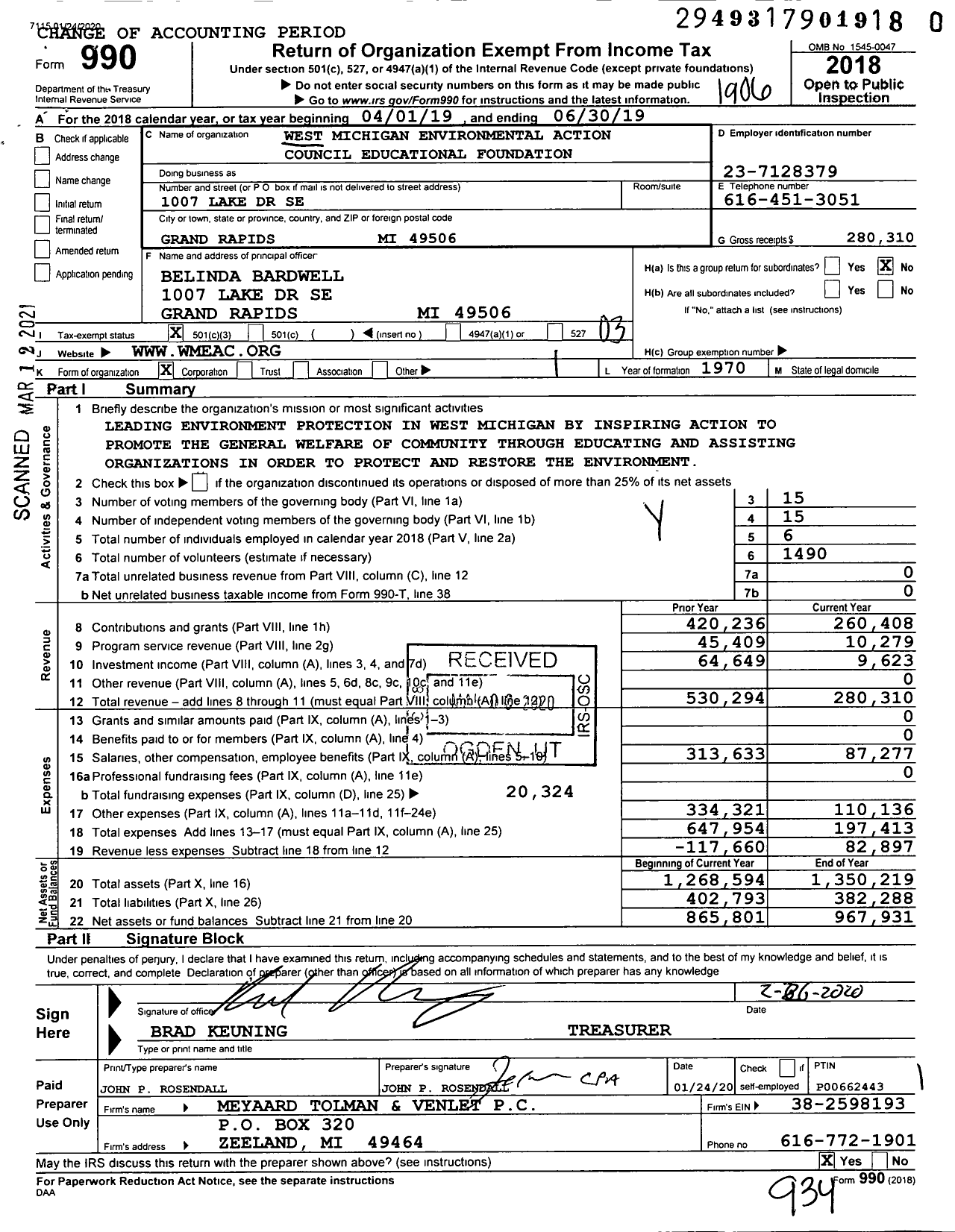 Image of first page of 2018 Form 990 for West Michigan Environmental Action Council Educational Foundation