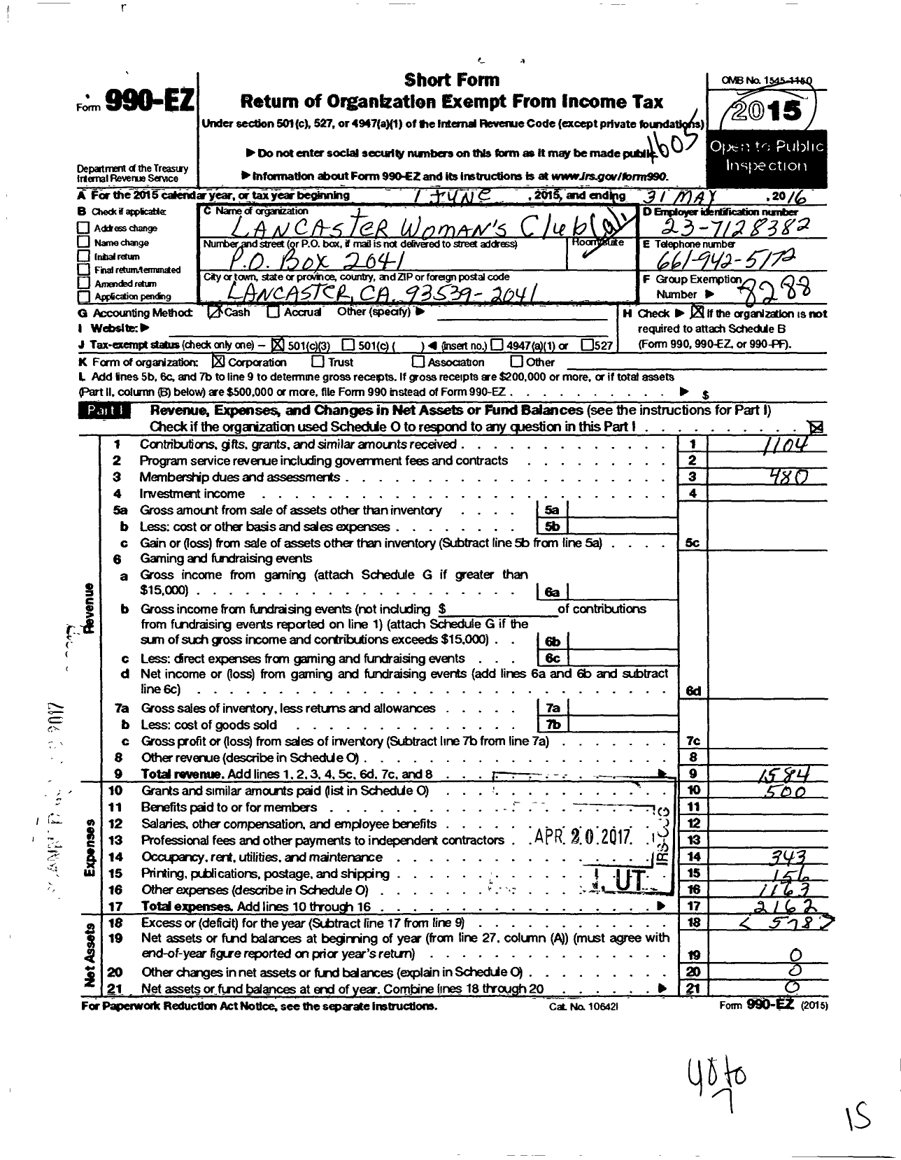 Image of first page of 2015 Form 990EZ for California Federation of Women's Clubs - Lancaster Womans Club