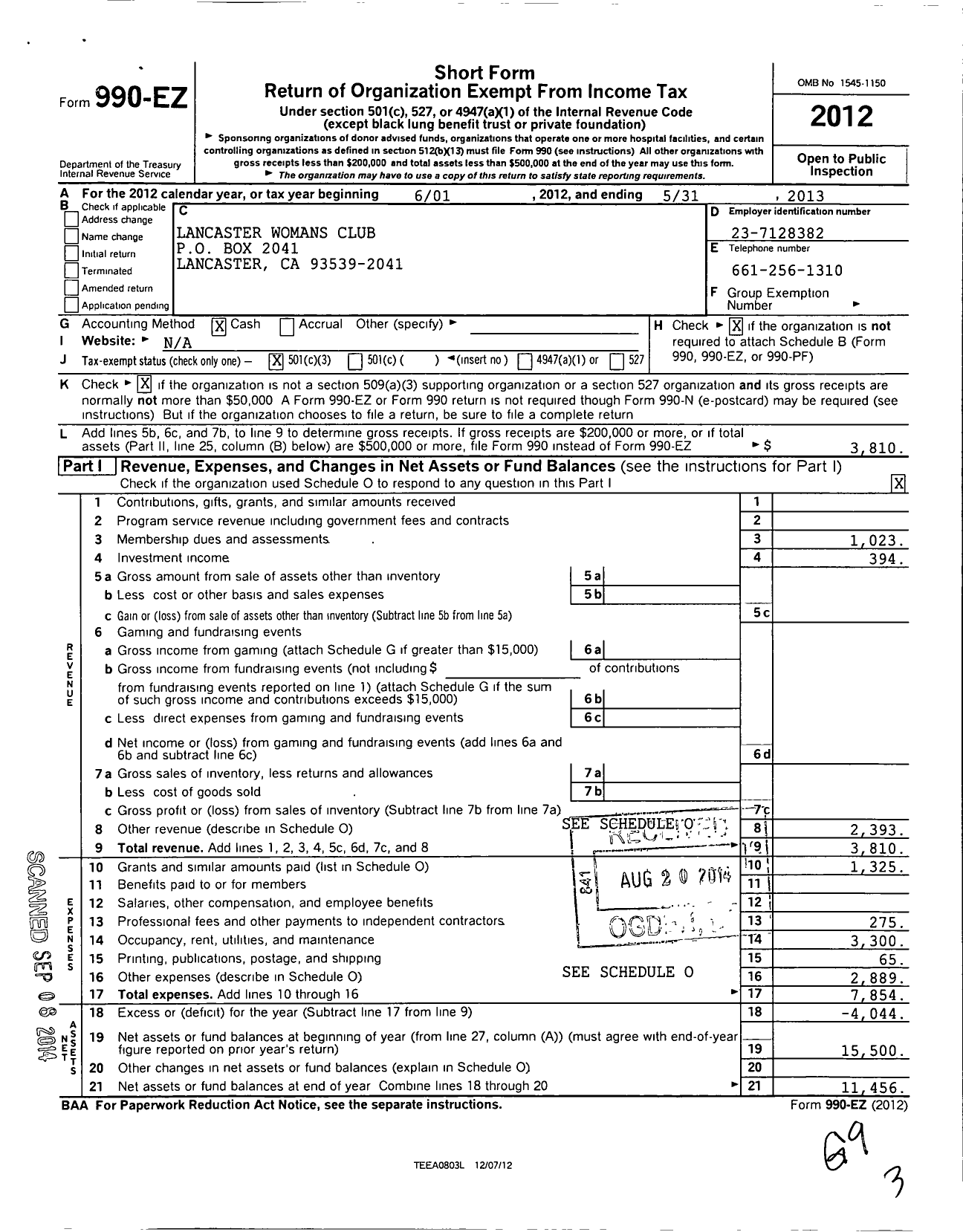 Image of first page of 2012 Form 990EZ for California Federation of Women's Clubs - Lancaster Womans Club