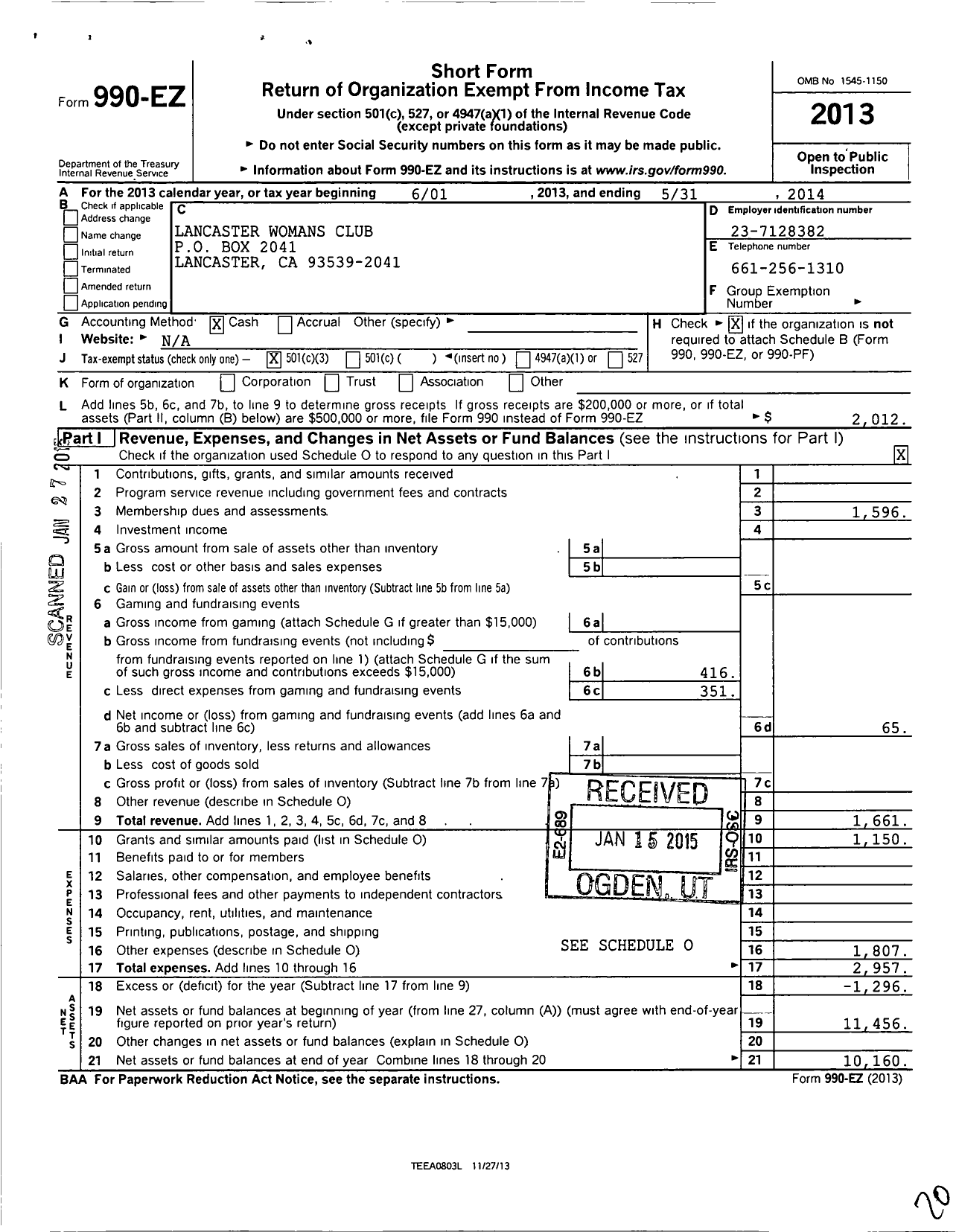 Image of first page of 2013 Form 990EZ for California Federation of Women's Clubs - Lancaster Womans Club