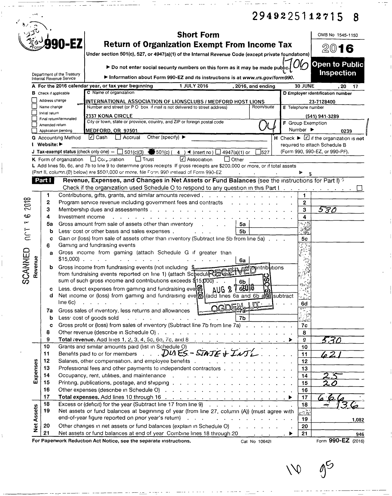 Image of first page of 2016 Form 990EO for Lions Clubs - 12899 Medford Host