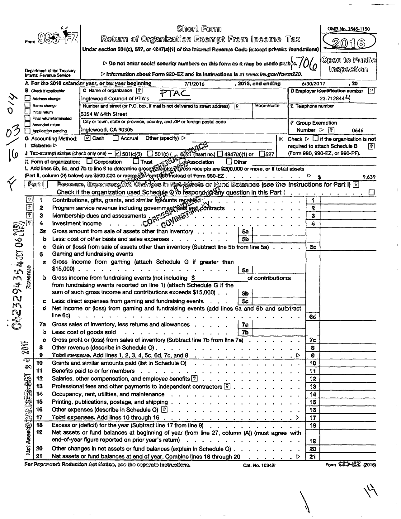 Image of first page of 2016 Form 990EZ for California State PTA - 146747 Inglewood Council of Ptas in