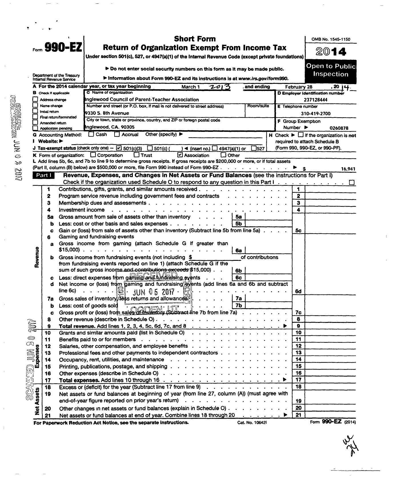 Image of first page of 2013 Form 990EZ for California State PTA - 146747 Inglewood Council of Ptas in