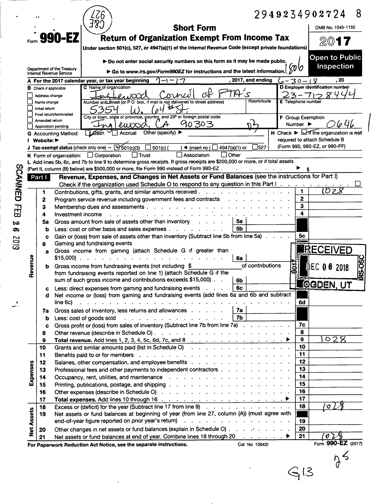 Image of first page of 2017 Form 990EZ for California State PTA - 146747 Inglewood Council of Ptas in