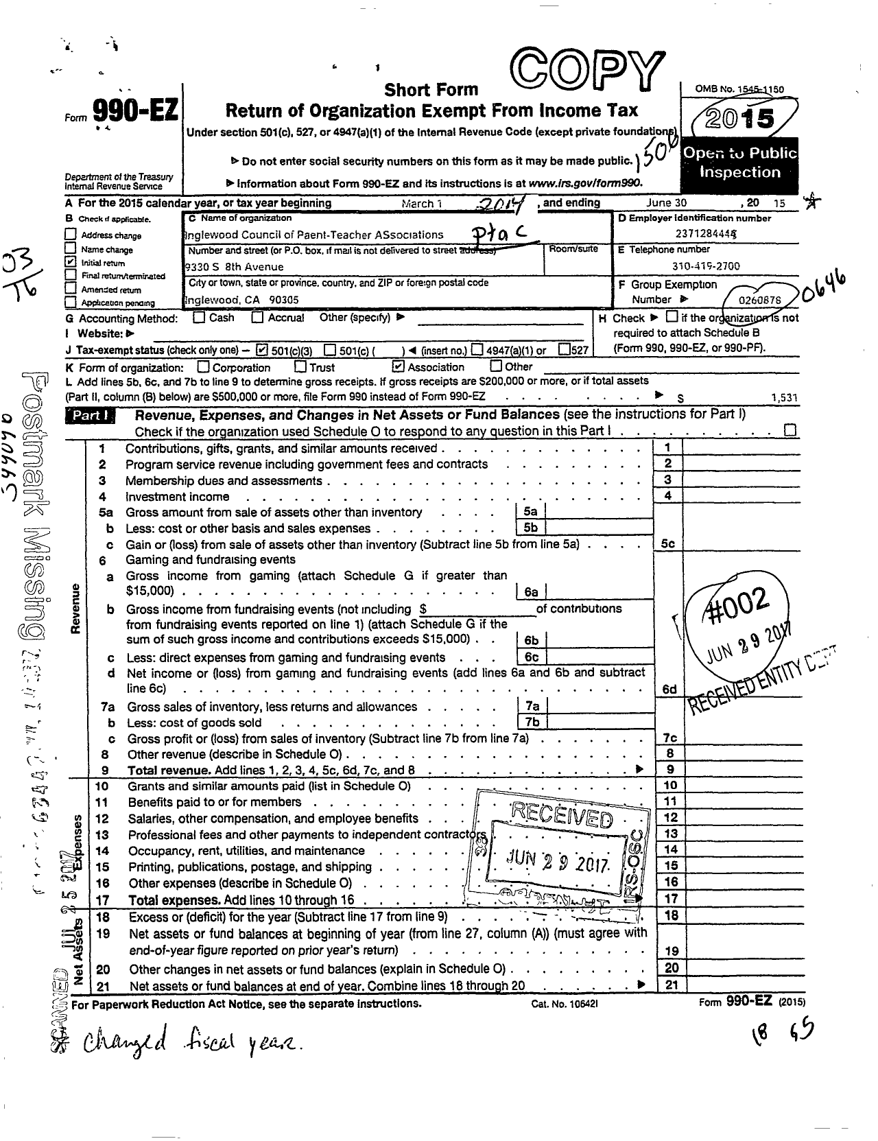 Image of first page of 2014 Form 990EZ for California State PTA - 146747 Inglewood Council of Ptas in