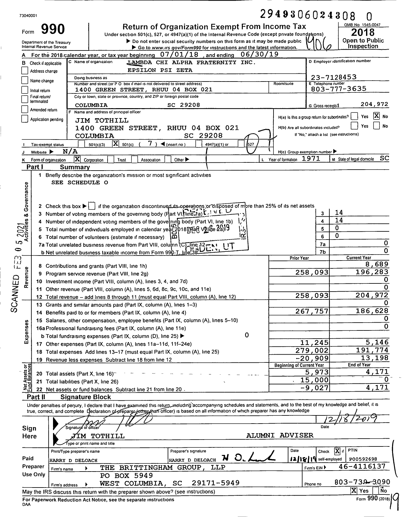 Image of first page of 2018 Form 990O for Lambda Chi Alpha Fraternity - Epsilon Psi Zeta