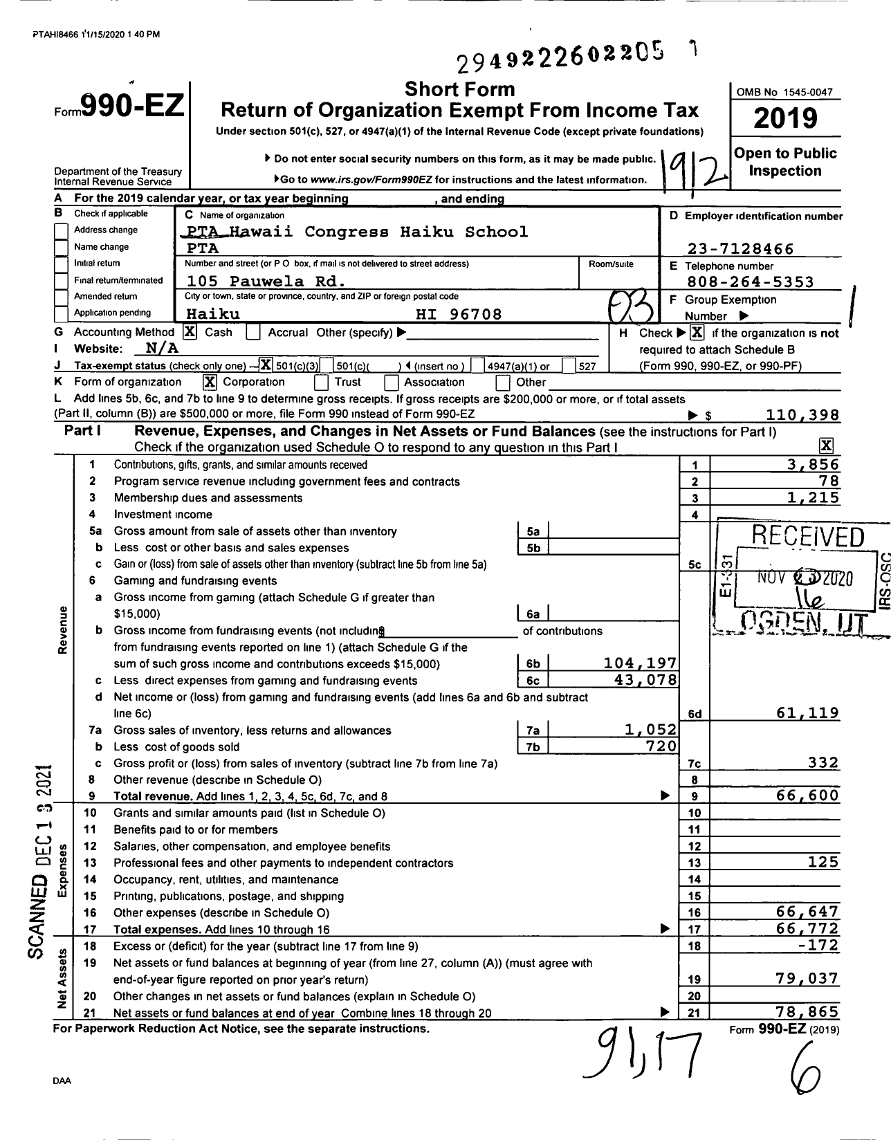 Image of first page of 2019 Form 990EZ for PTA Hawaii Congress Haiku School PTA