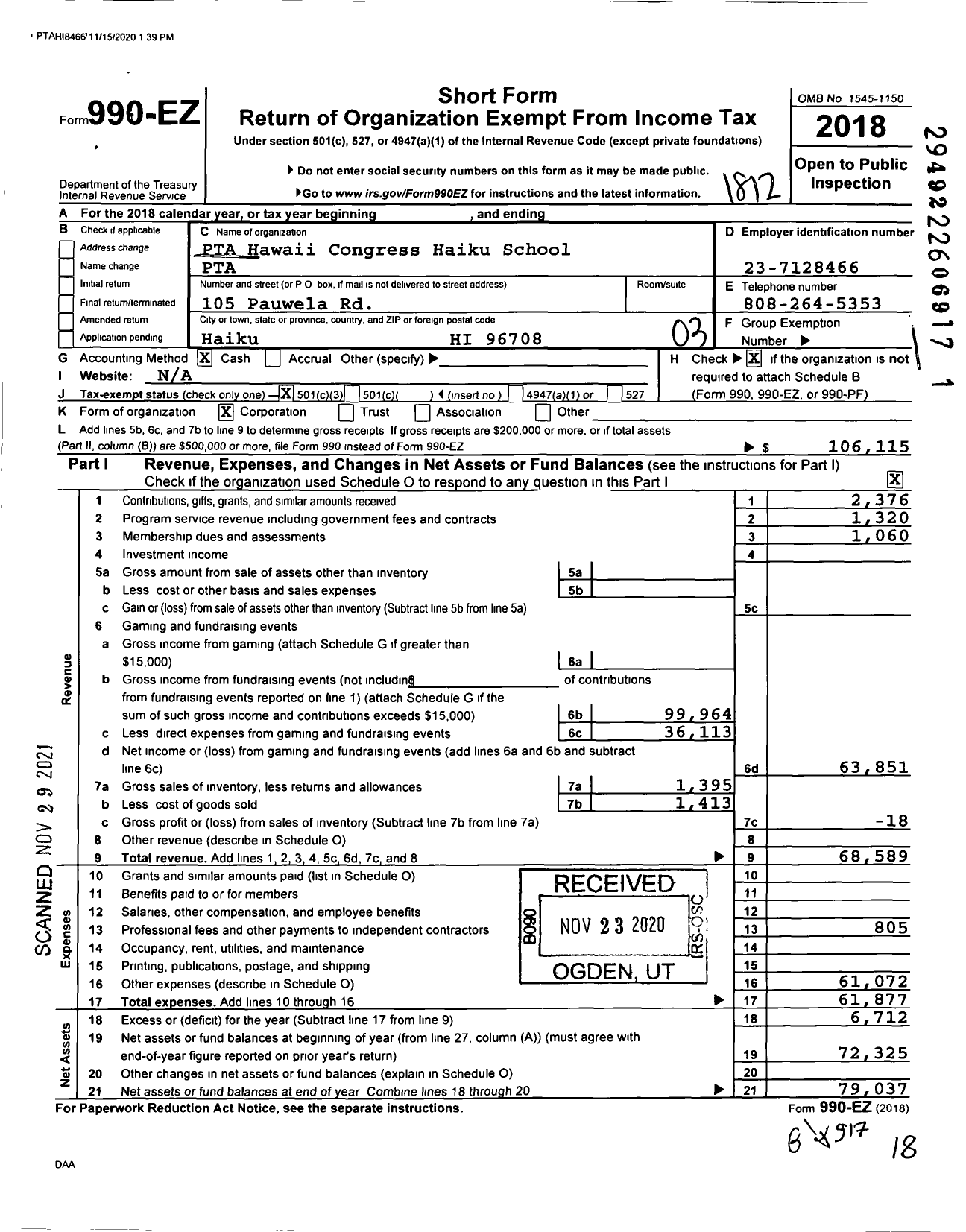 Image of first page of 2018 Form 990EZ for PTA Hawaii Congress Haiku School PTA