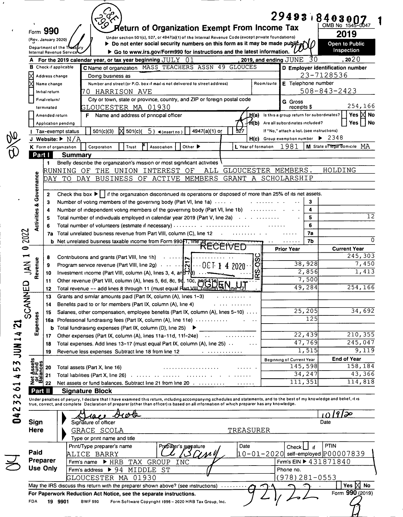 Image of first page of 2019 Form 990O for Massachusetts Teachers Association - 49 Gloucester Chapter