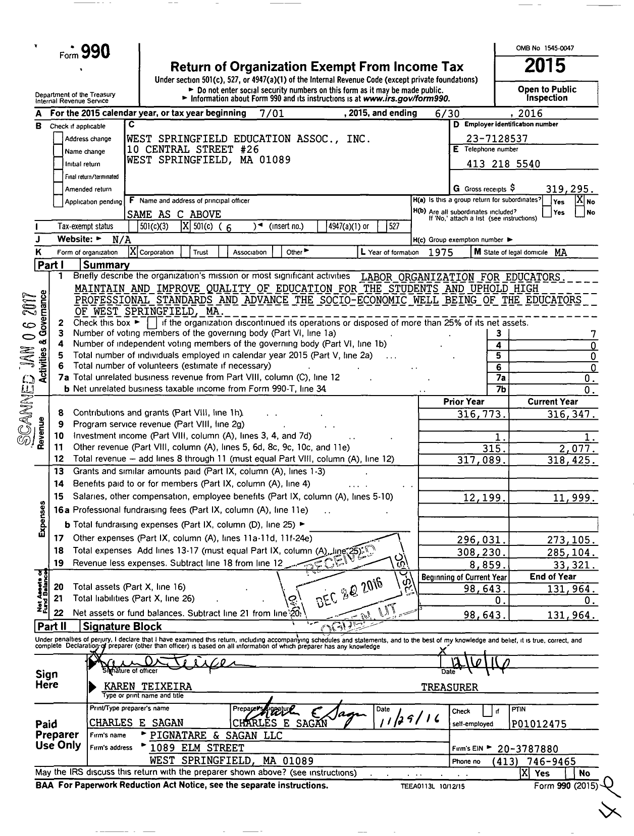 Image of first page of 2015 Form 990O for Massachusetts Teachers Association - 370 West Springfield Education Assn