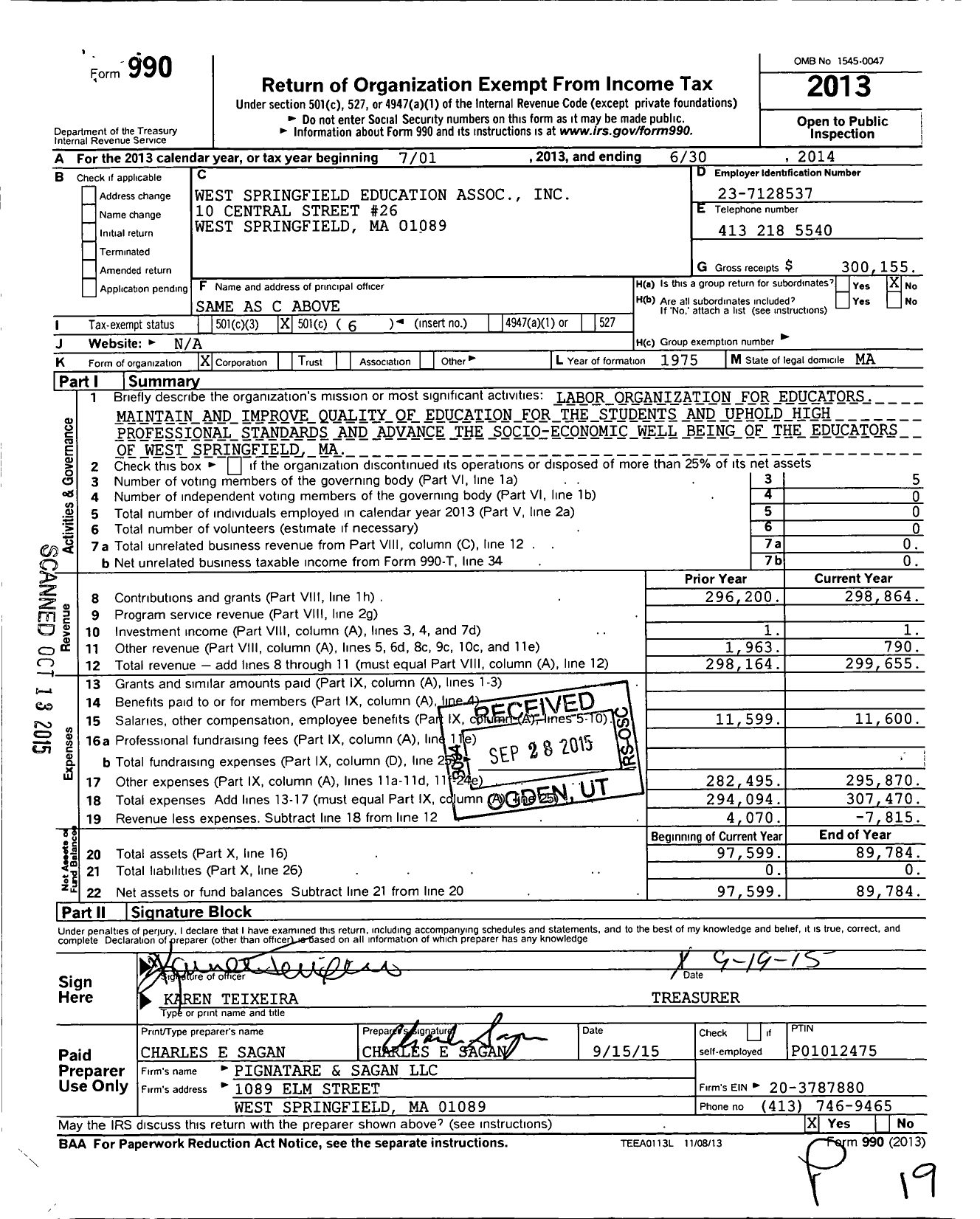 Image of first page of 2013 Form 990O for Massachusetts Teachers Association - 370 West Springfield Education Assn