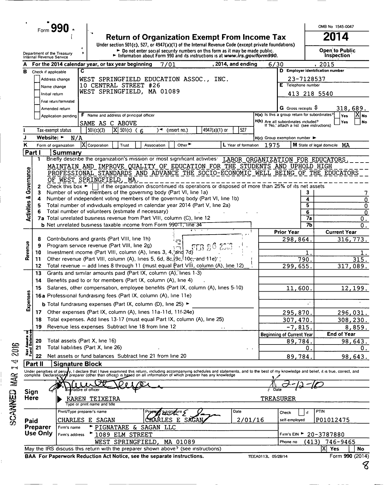 Image of first page of 2014 Form 990O for Massachusetts Teachers Association - 370 West Springfield Education Assn