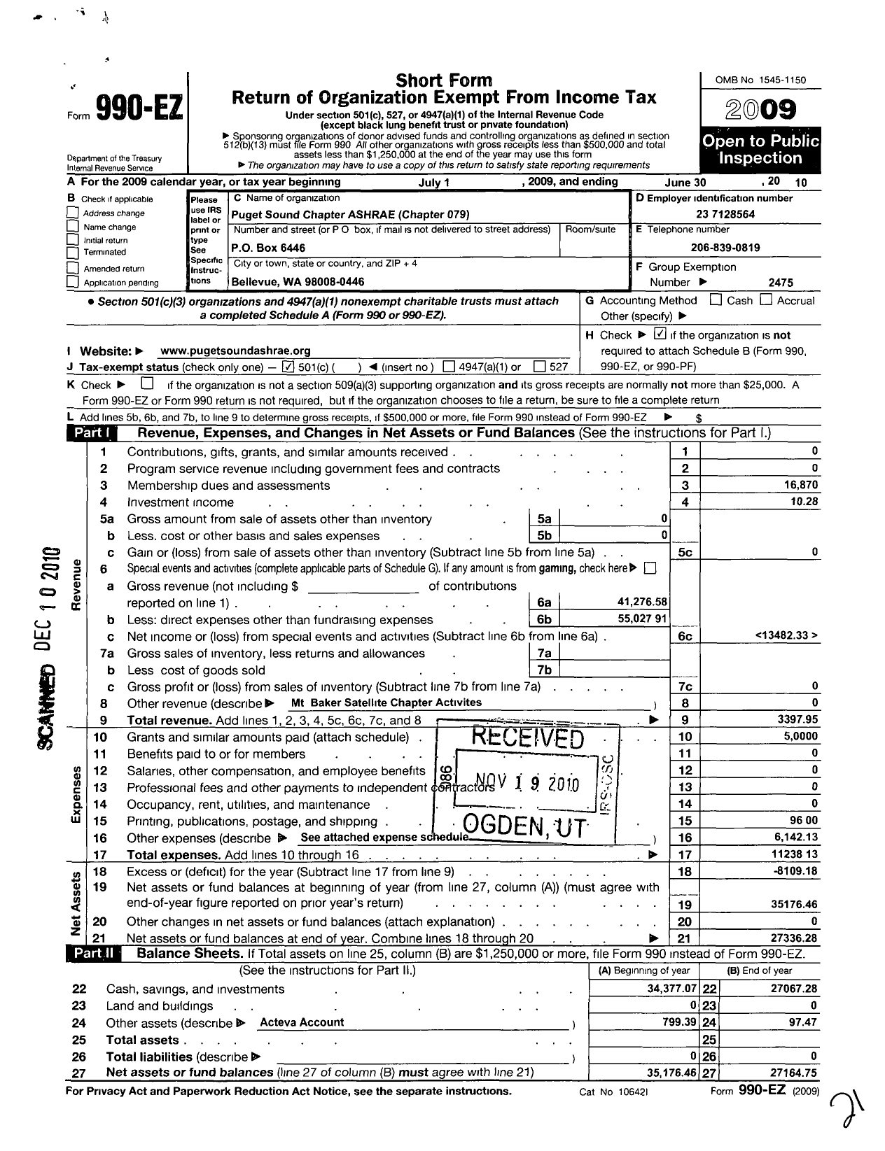 Image of first page of 2009 Form 990EO for American Society of Heating Refrigeration and A-C Engineers / Puget Sound