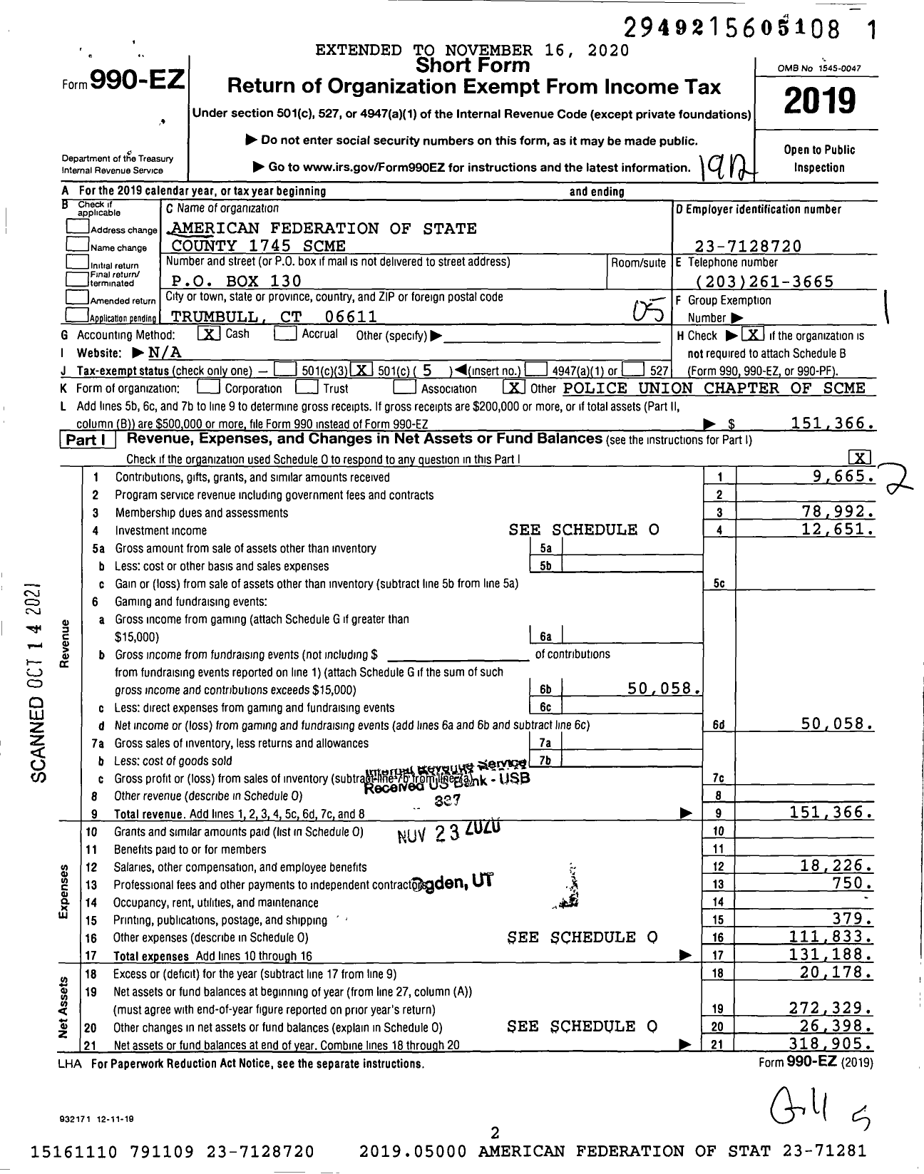 Image of first page of 2019 Form 990EO for American Federation of State County & Municipal Employees - L1745CT Trumbull Conn Police DPT Em