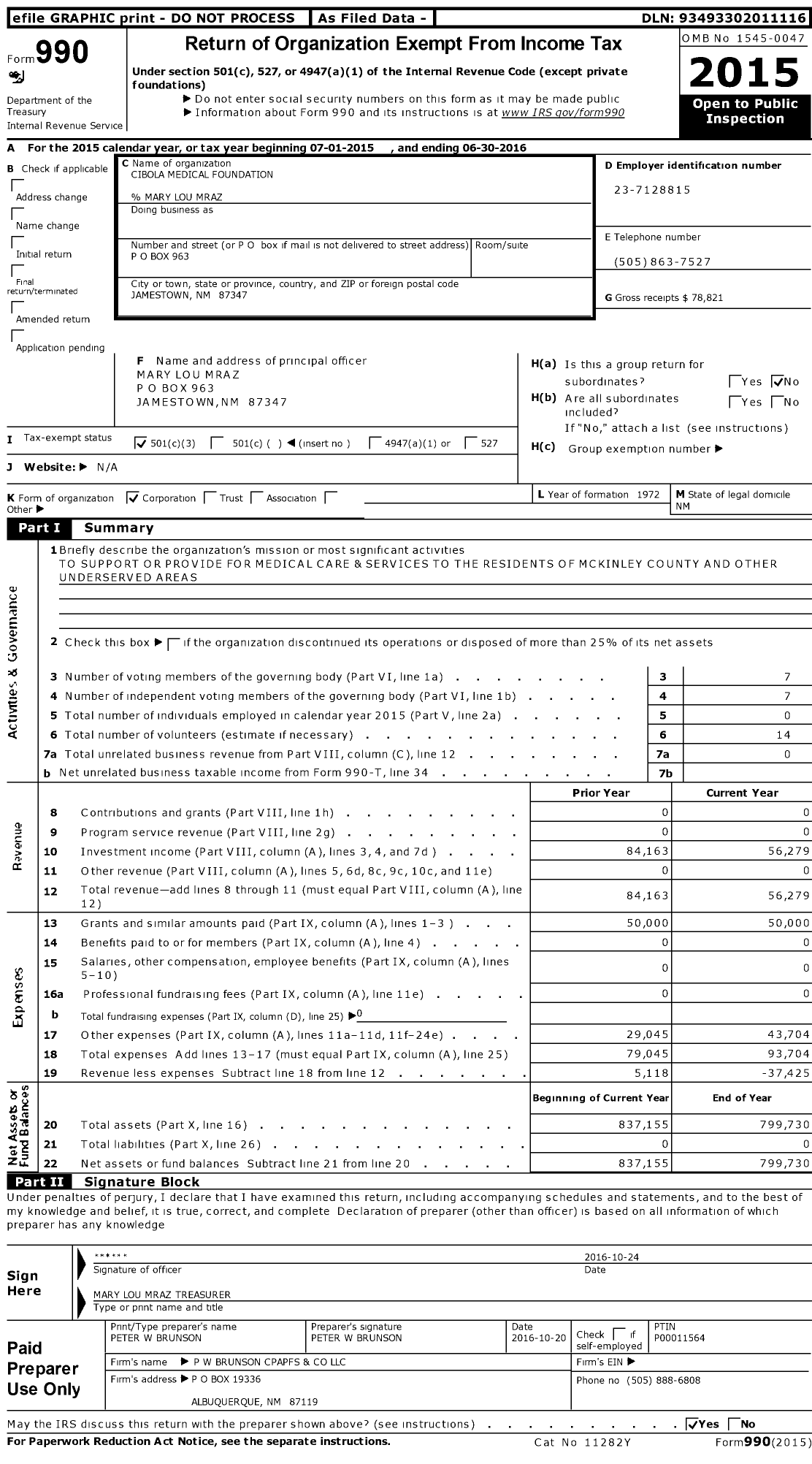 Image of first page of 2015 Form 990 for Cibola Medical Foundation