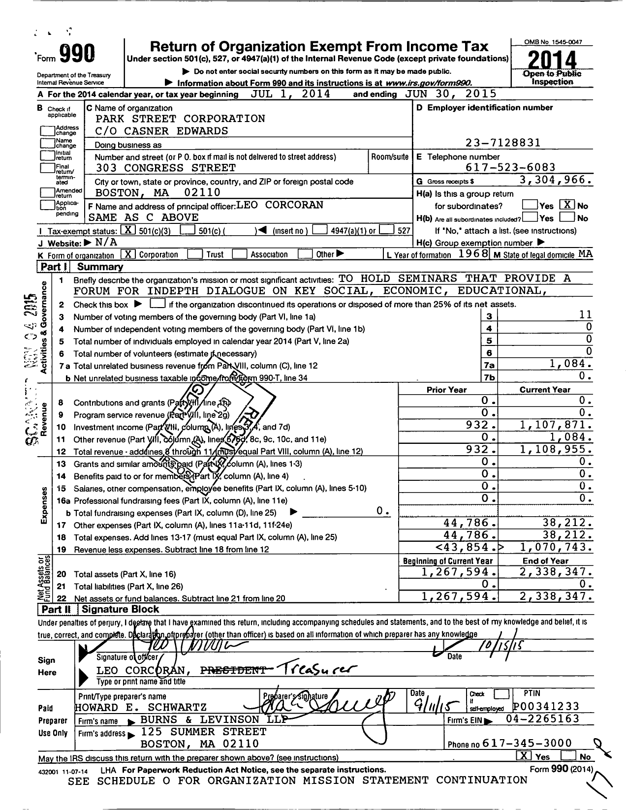 Image of first page of 2014 Form 990 for Park Street Corporation