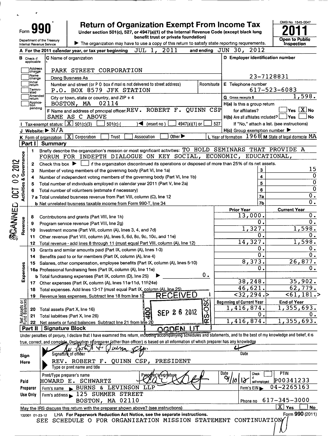 Image of first page of 2011 Form 990 for Park Street Corporation