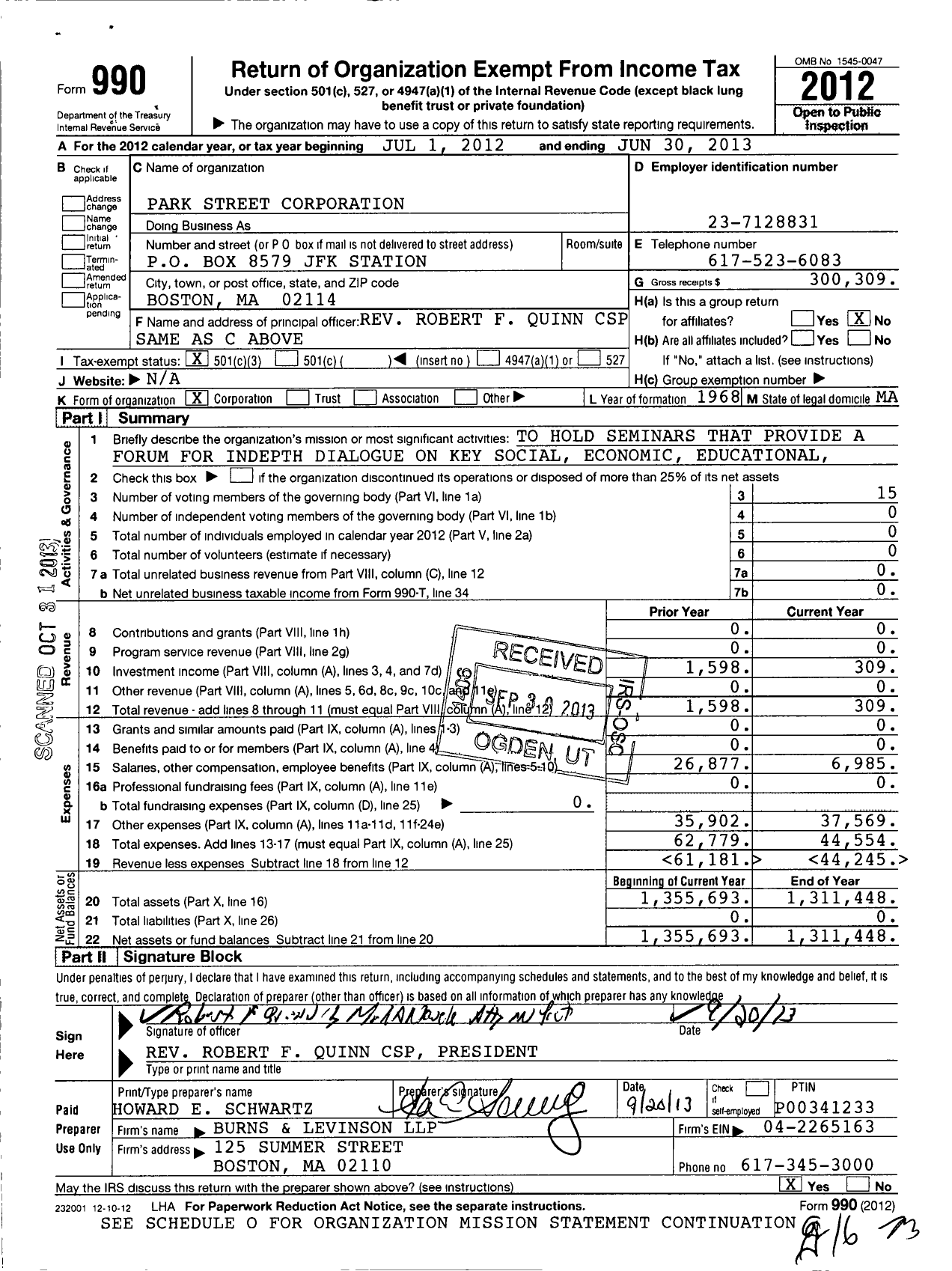 Image of first page of 2012 Form 990 for Park Street Corporation