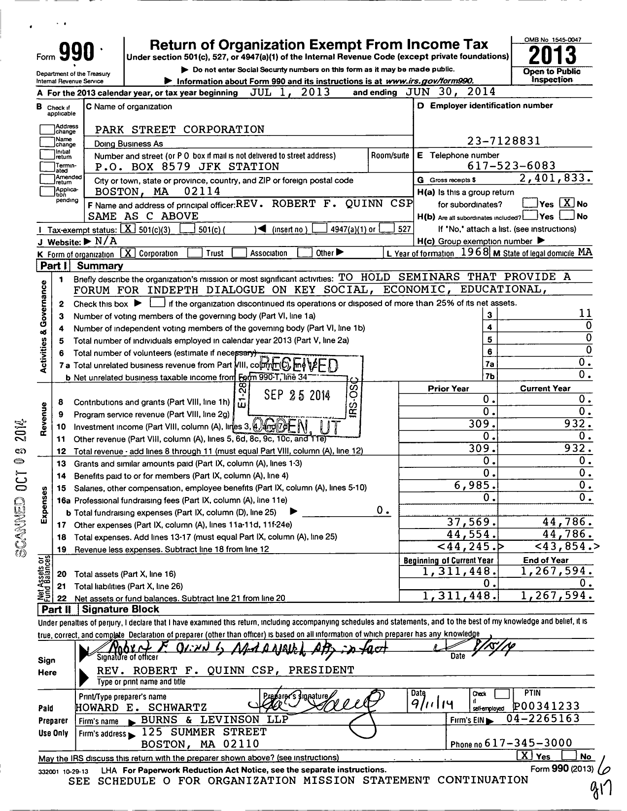 Image of first page of 2013 Form 990 for Park Street Corporation