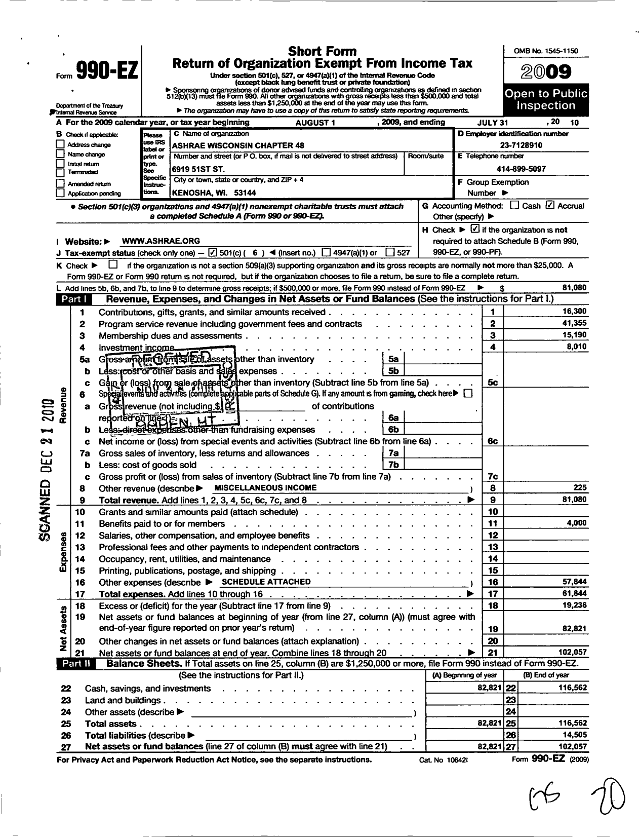 Image of first page of 2009 Form 990EO for American Society of Heating Refrigerating and A-C Engineers / Wisconsin