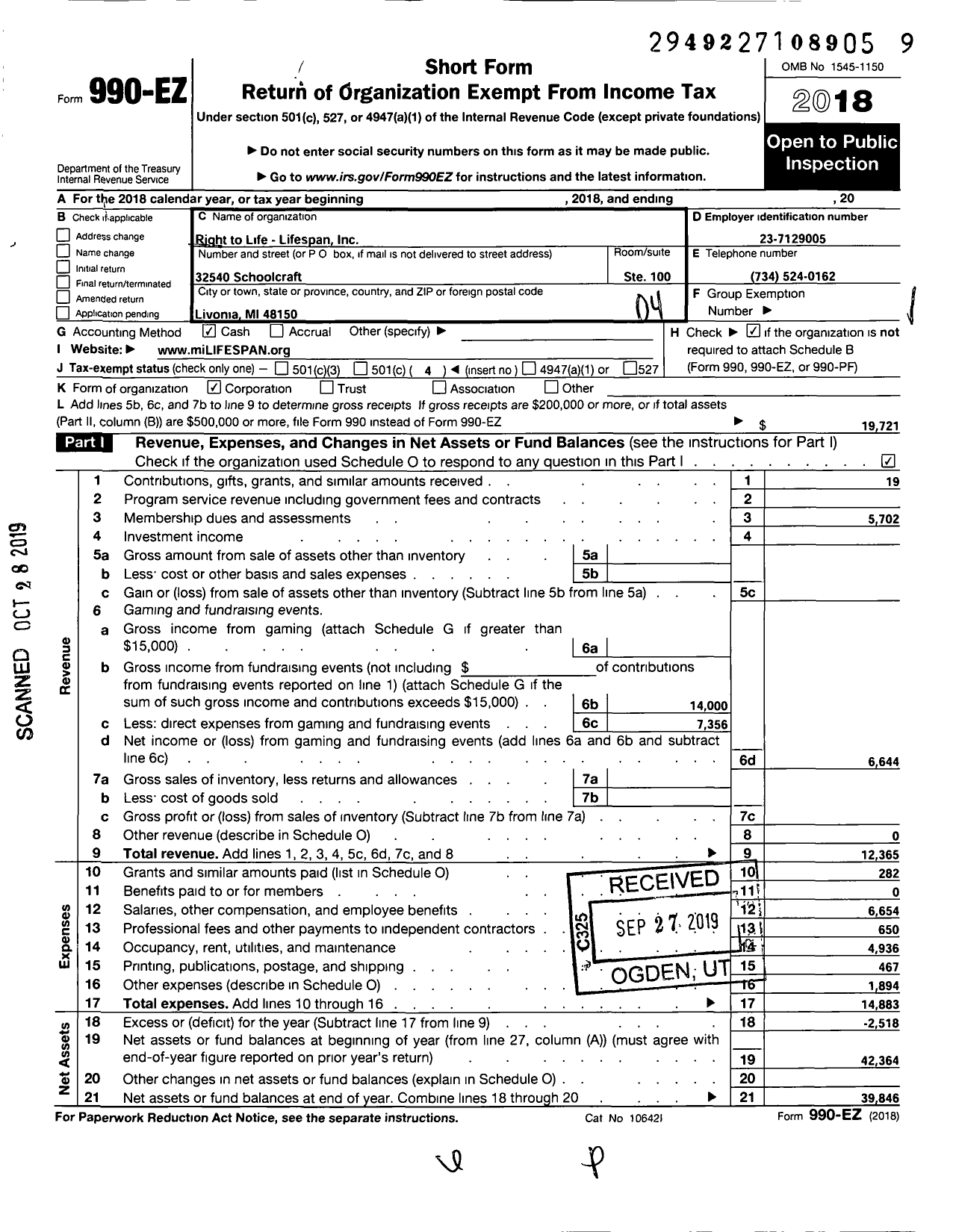 Image of first page of 2018 Form 990EO for Right To Life-Lifespan