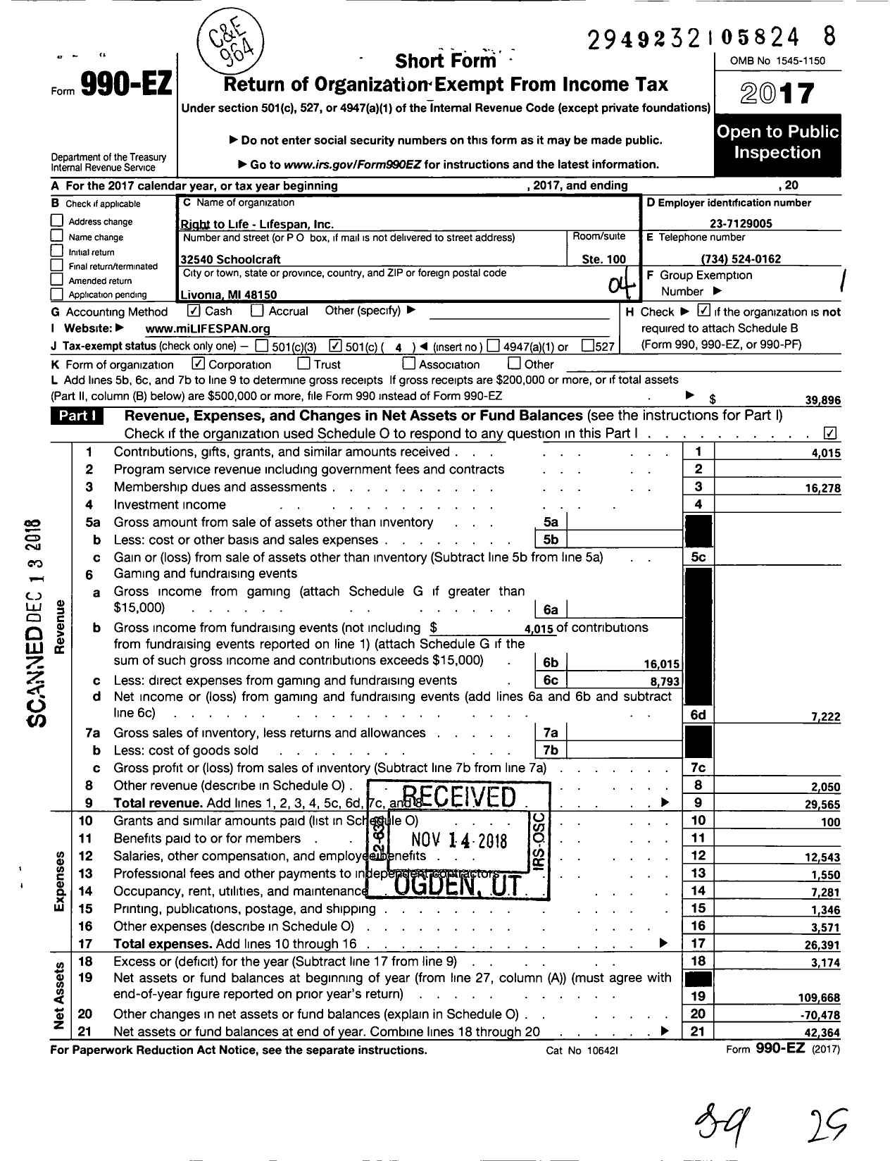 Image of first page of 2017 Form 990EO for Right To Life-Lifespan