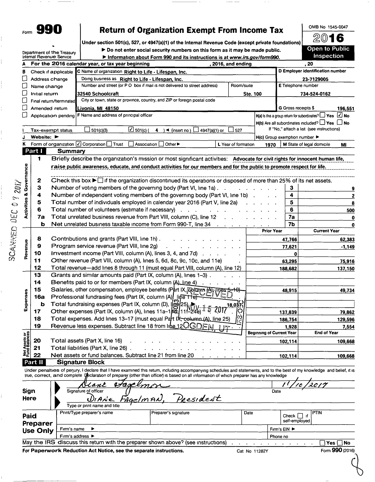 Image of first page of 2016 Form 990O for Right To Life-Lifespan