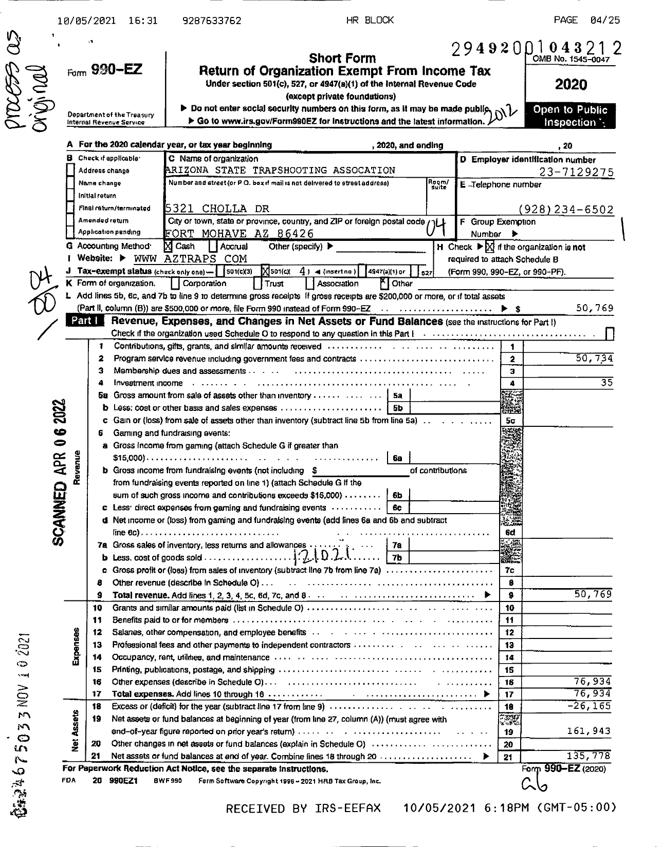 Image of first page of 2020 Form 990EO for Arizona State Trapshooting Assocation