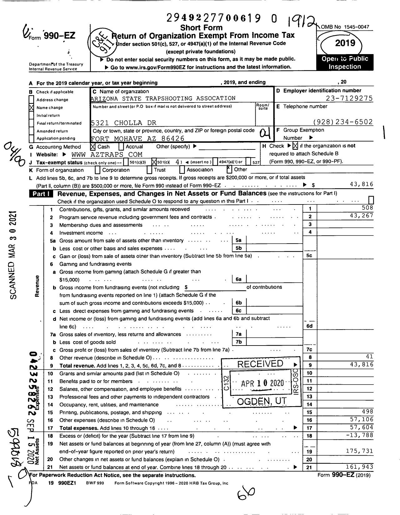 Image of first page of 2019 Form 990EO for Arizona State Trapshooting Assocation